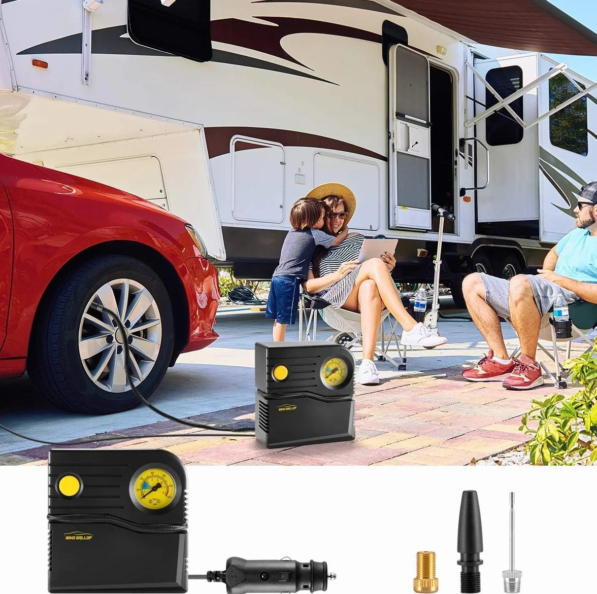 WindGallop Mini Compressore Aria Portatile 12V Professionale Gonfiatore Analogico per Pneumatici Auto con Manometro Giallo