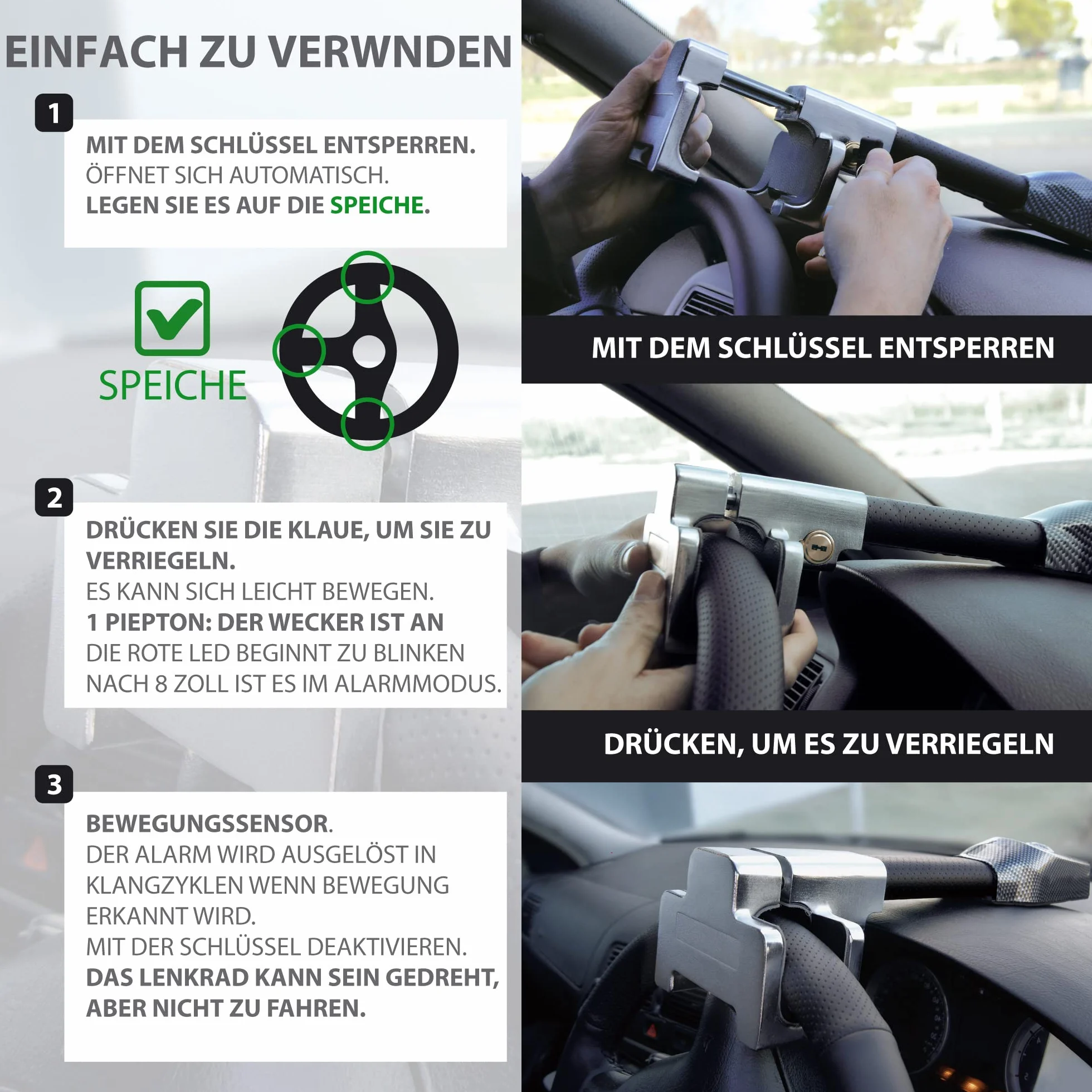 KRASER KR830 Antifurto Auto, Blocca Sterzo con Allarme 120dB, Universale