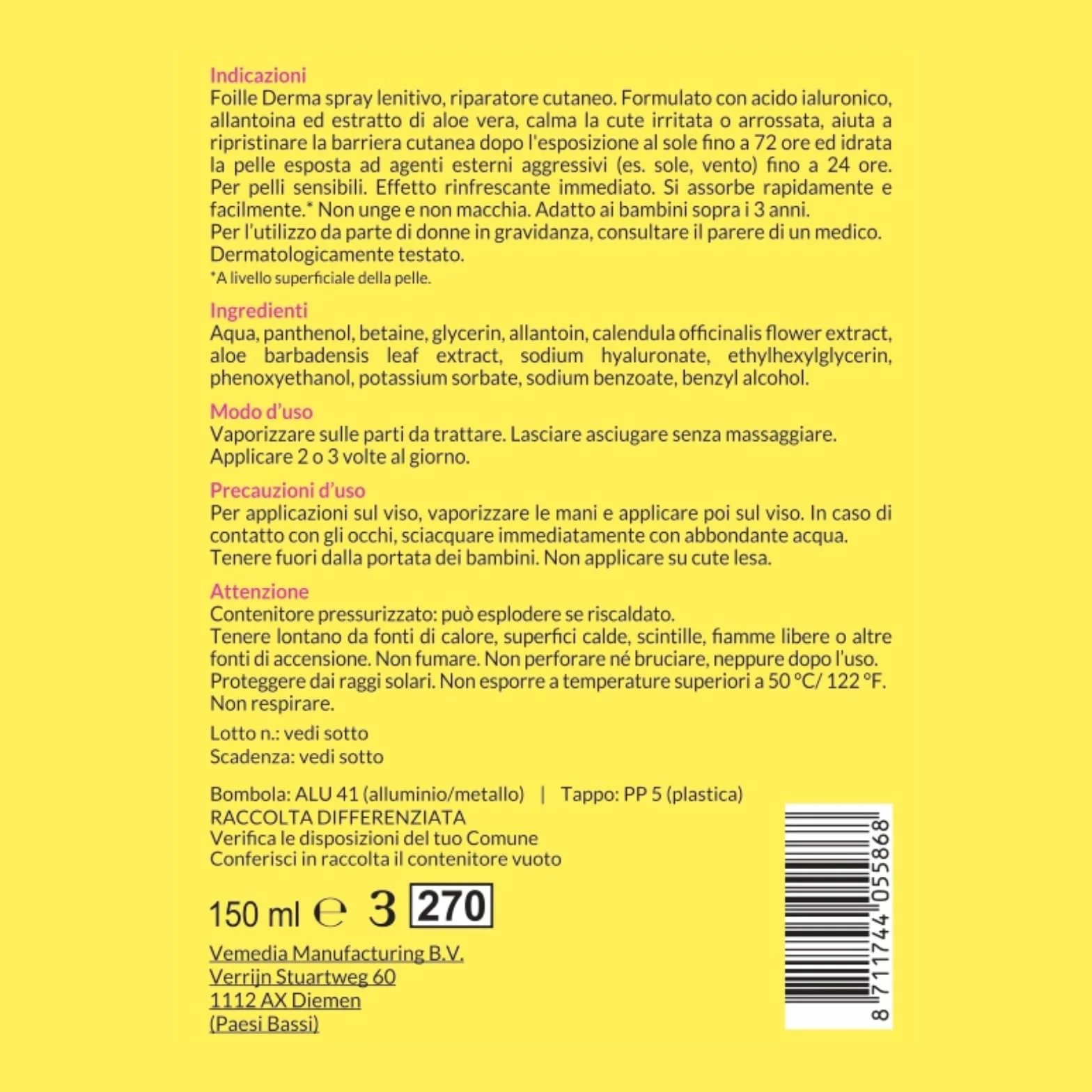 Foille Derma Spray Doposole Lenitivo con Aloe Vera, Pantenolo e Acido Ialuronico, Idratante, 150 ml