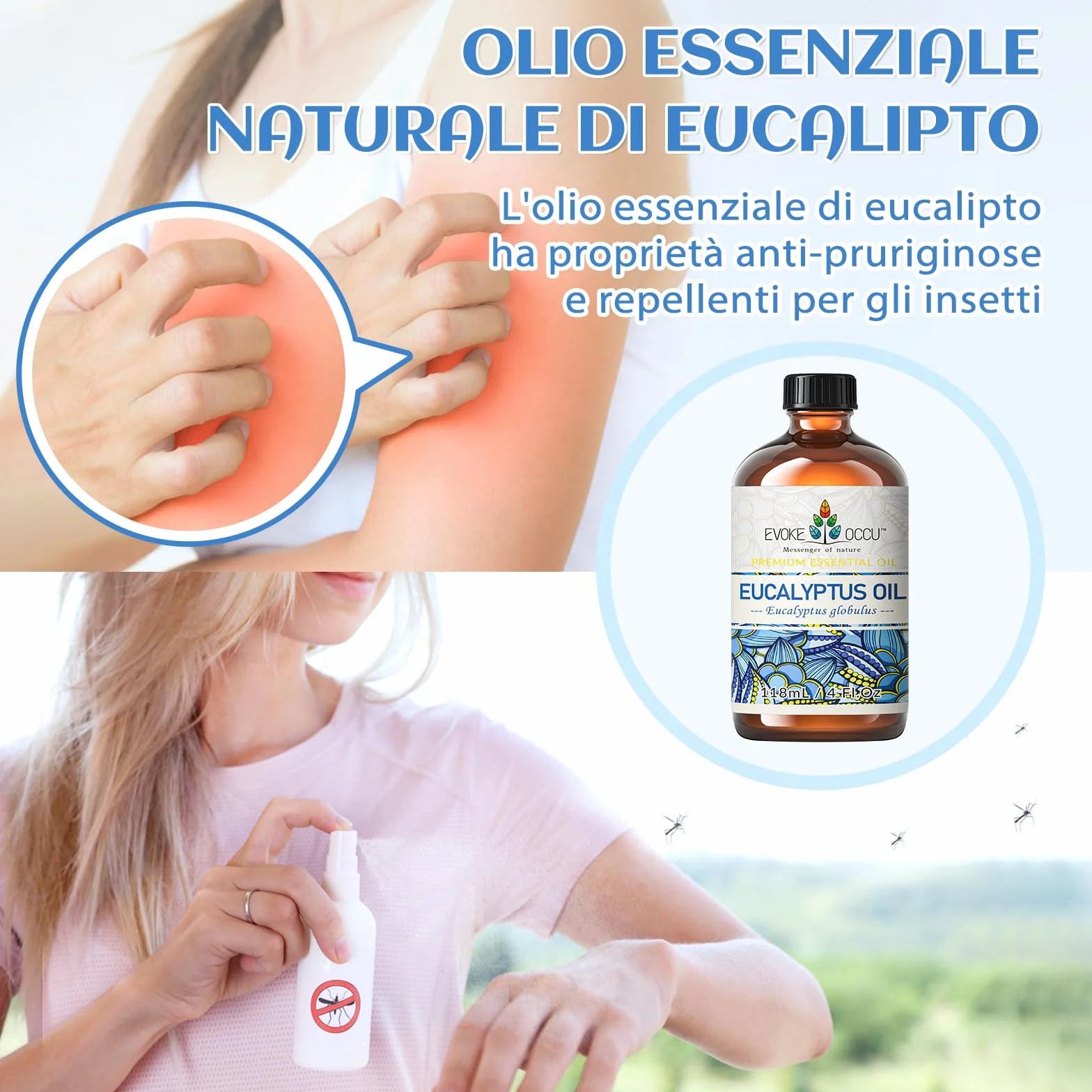 EVOKE OCCU Olio Essenziale Eucalipto 118ml Puro per Aromaterapia e Cura della Pelle