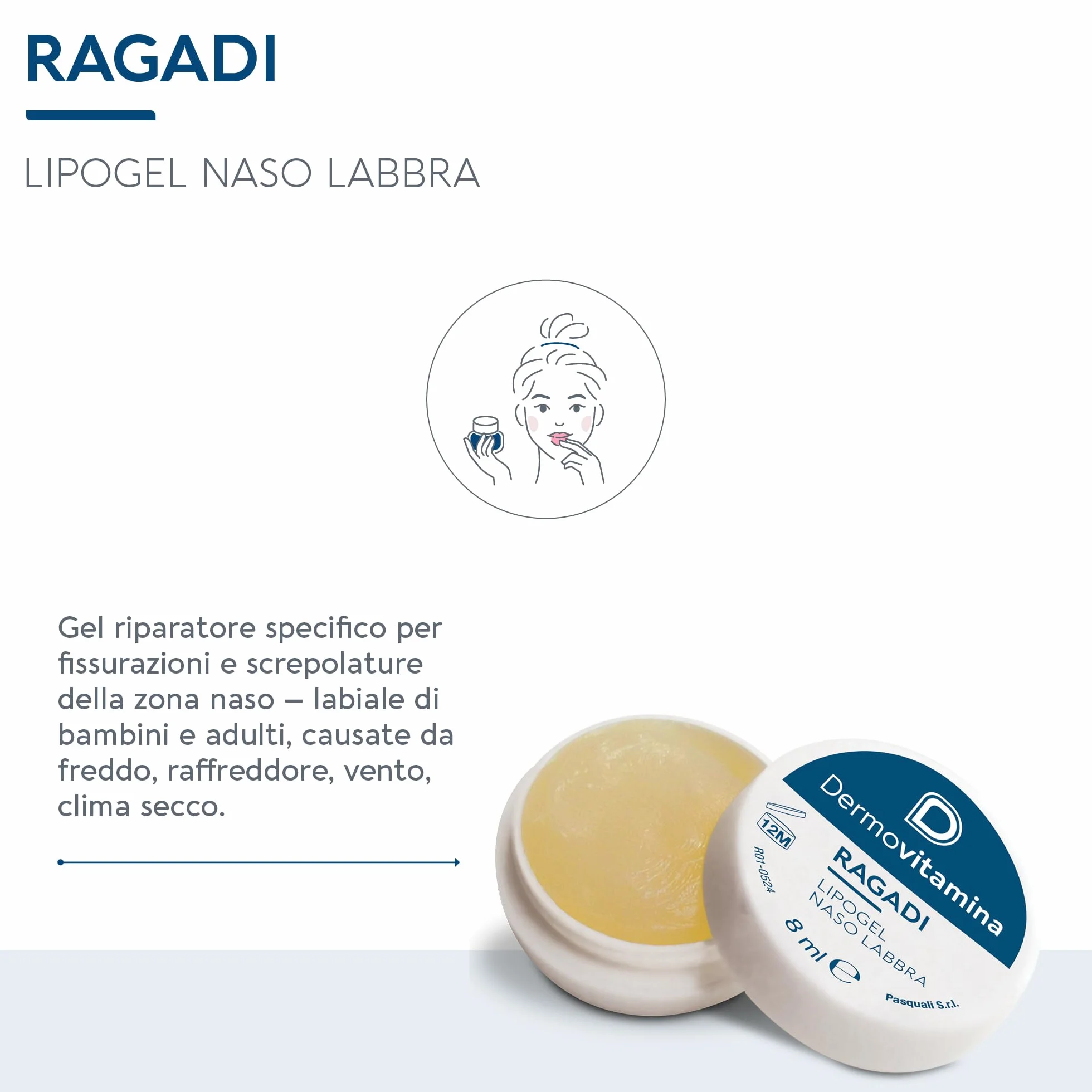 Dermovitamina Ragadi Naso Labbra - Lipogel per Naso e Lembi Screpolati - Balsamo Labbra Riparatore - Idrata e Nutre in Profondità - Formula Delicata Senza Aroma - 8 ml