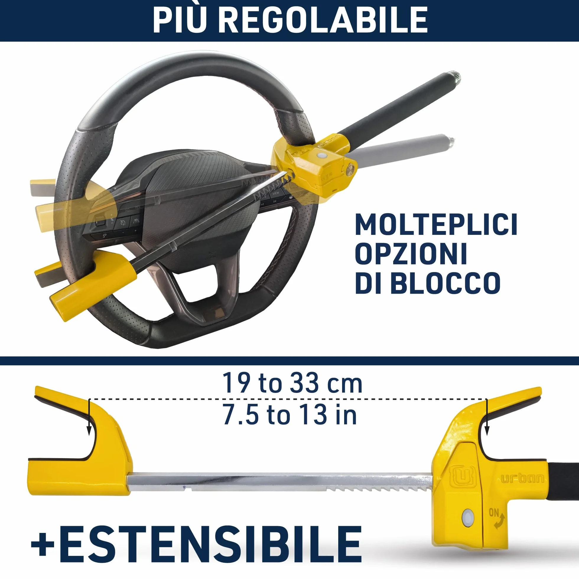 URBAN UR978Y Antifurto Auto Doppia Sicurezza Blocca Sterzo 120dB LED Bloccaggio Automatico Blocco Volante Meccanico Universale