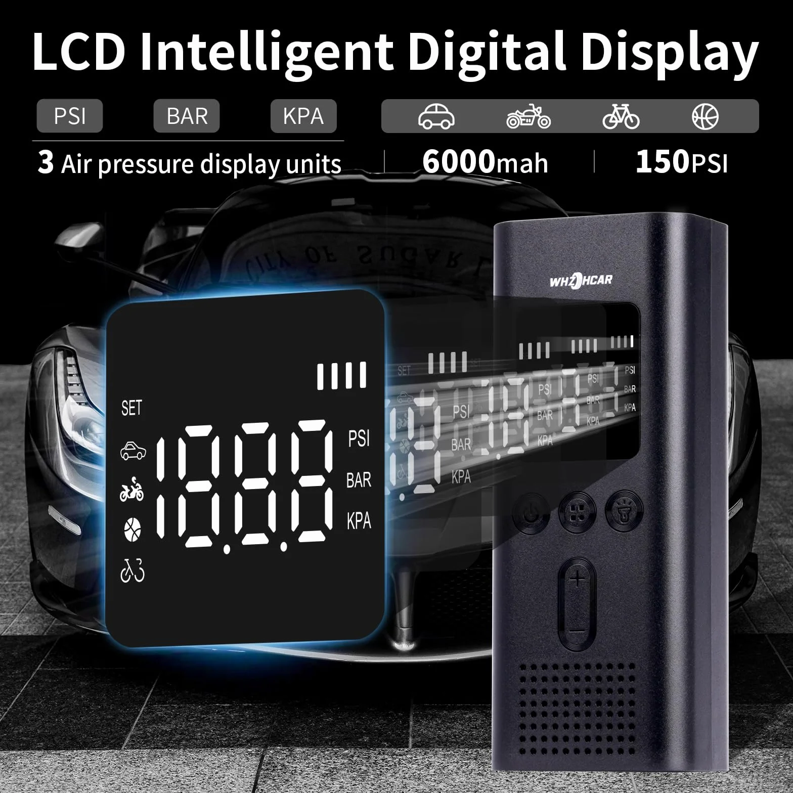 Compressore Aria Portatile Auto 6000mAh 150PSI Mini Compressore Portatile per Auto con Display Digitale e Luce LED Pompa Elettrica per Bicicletta, Auto, Moto, monopattino, Palloni
