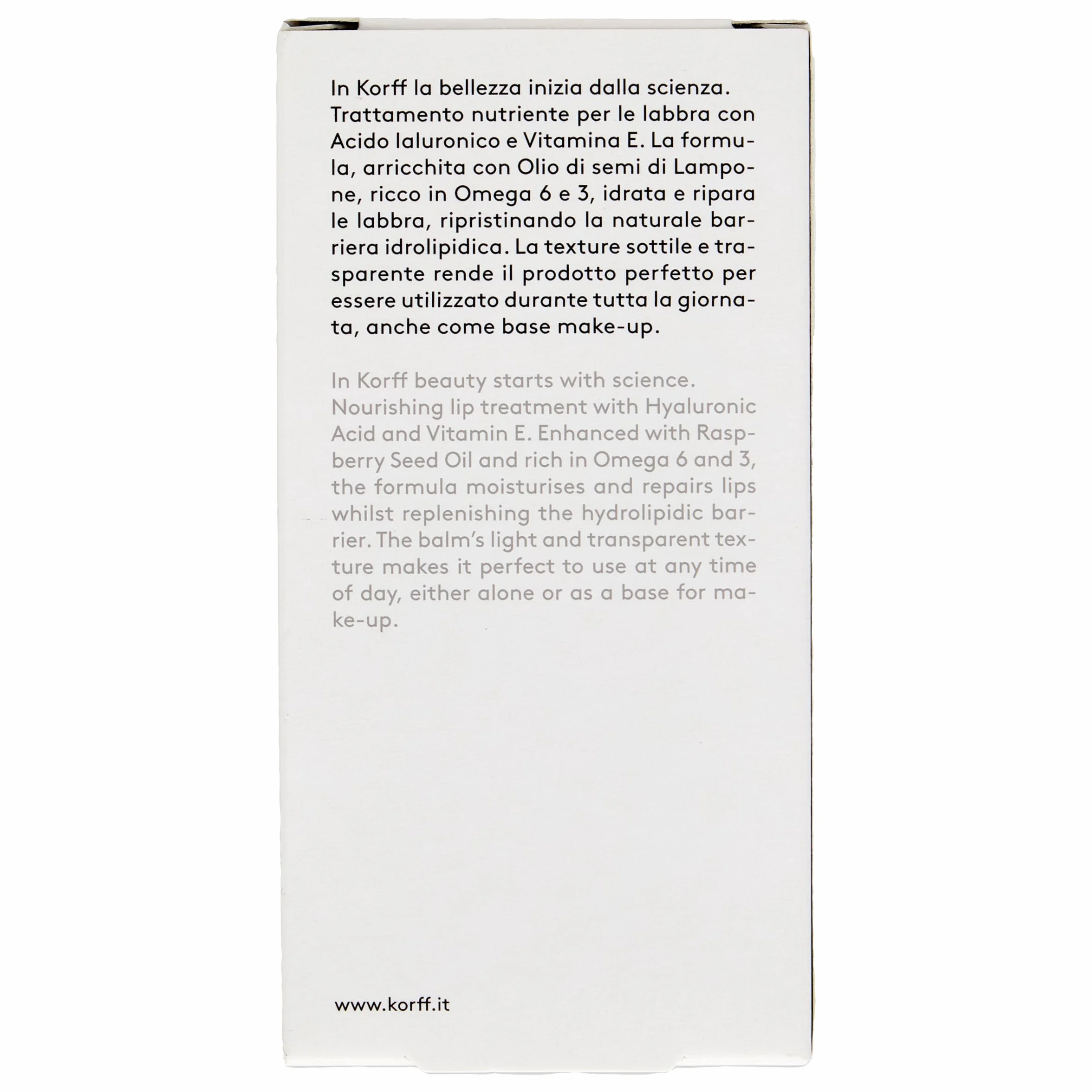 Korff Balsamo Labbra Idratante e Riparatore, Idrata le Labbra con Acido Ialuronico e Vitamina E, Texture Sottile e Trasparente, Confezione da 4ml