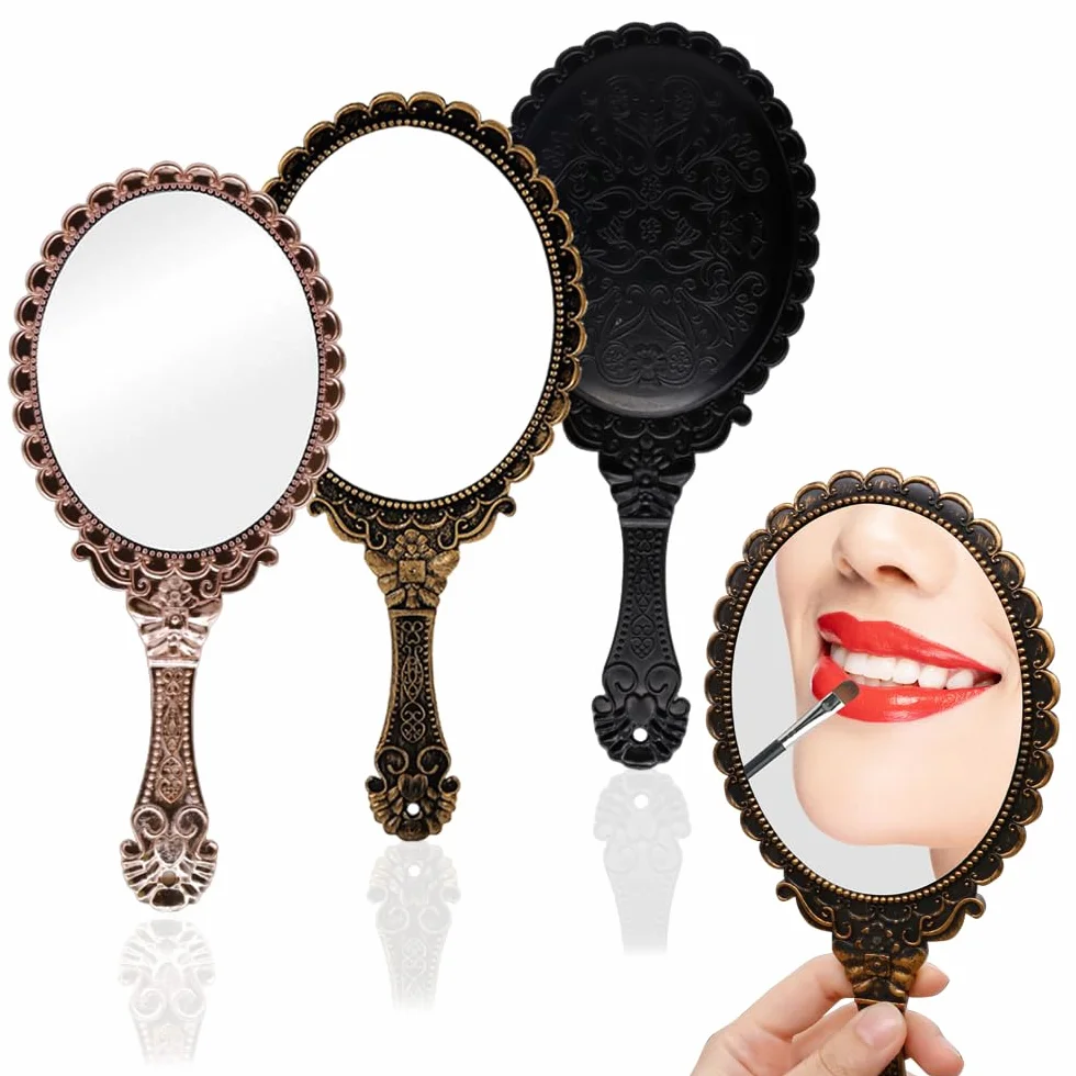 3 Pezzi Specchio a Mano, Specchio per Trucco Con Maniglia, Specchio Vintage Floreale in Rilievo, Mini Specchio Ovale su un Solo Lato per Ufficio Di Viaggio (Nero, Oro Rosa, Bronzo)