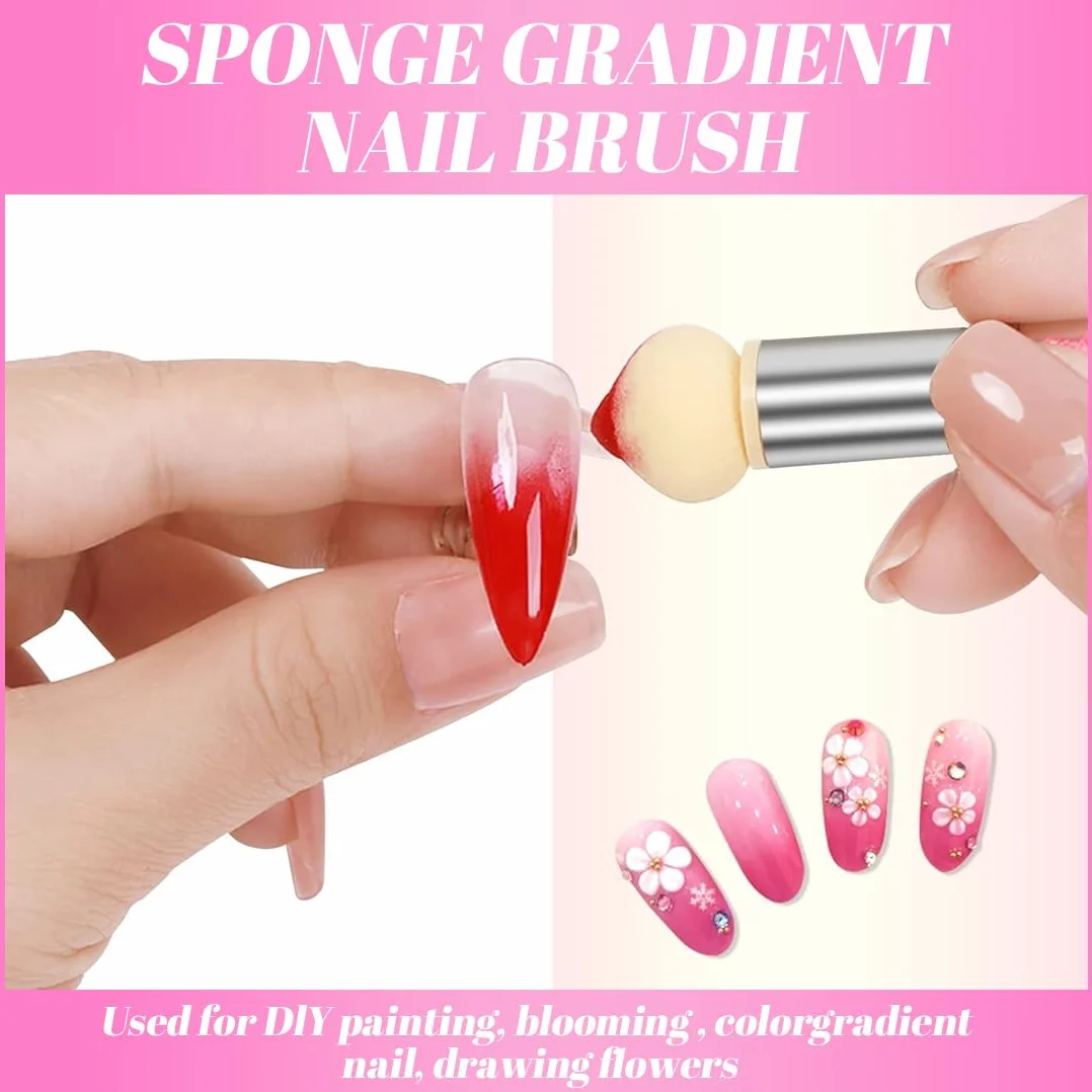 1 Set Spugna per Nail Art, Doppia testa Spugna di pennellino incluso 4 Testine di ricambio, Strumenti per il Rendering Delle Unghie con Pinza Metallica, Pennello per Baby Boomer