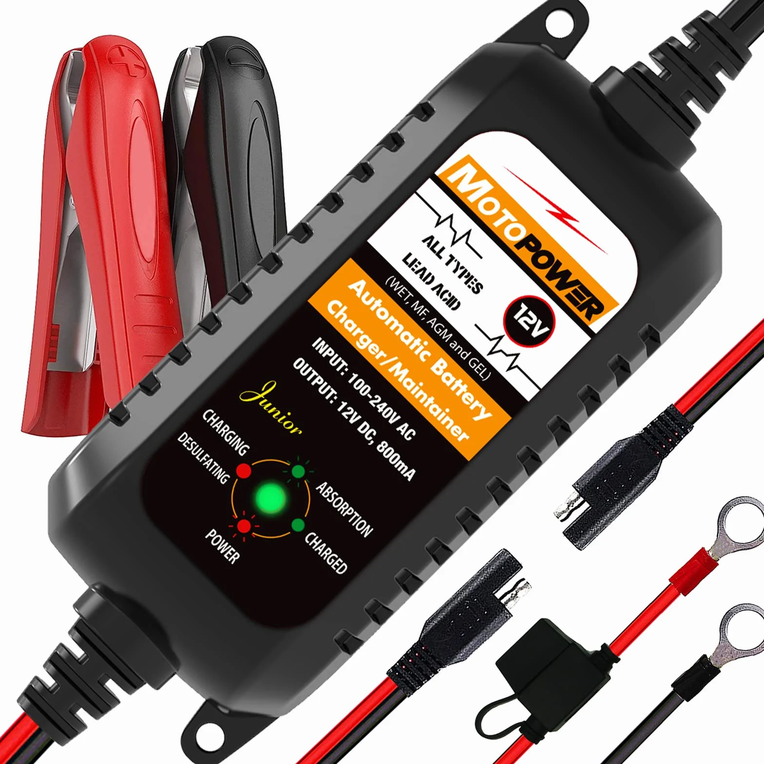 MOTOPOWER MP00205A 12V 800mA Caricabatterie Automatico per Auto Moto ATV