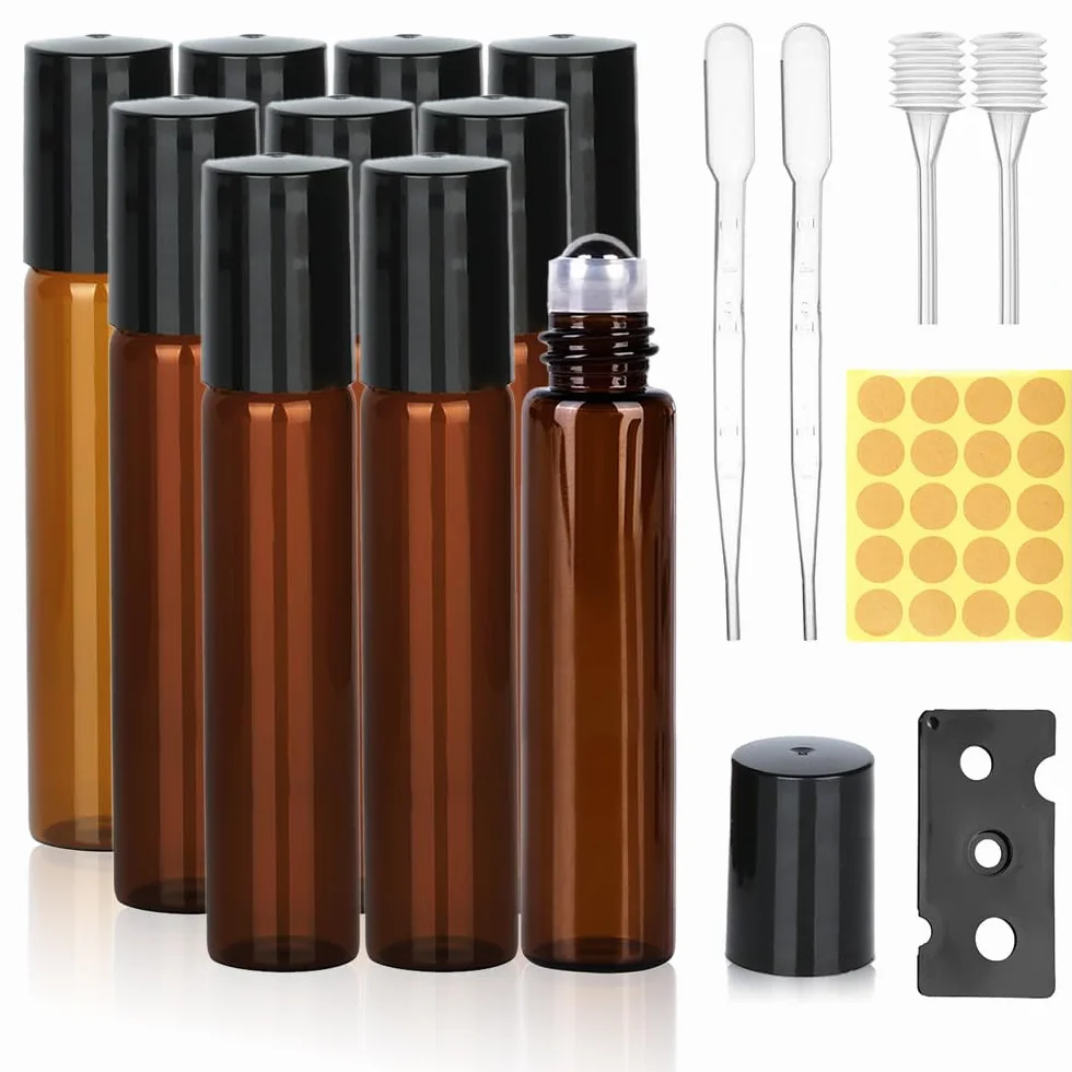 rollon oli essenziali, confezione di olio da 10 pezzi, colore marrone, bottiglia vuota da 10 ml, ricaricabili con sfera in acciaio inox, per oli, profumi, cosmetici, profumi, massaggi.