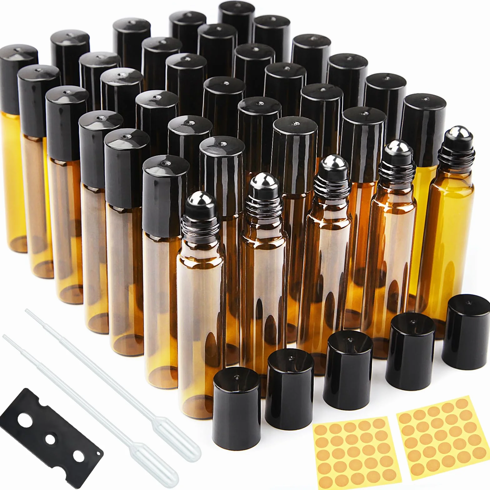 Roll on - Bottiglie di vetro per olio essenziale, 35 pezzi, colore marrone, rollon, vuote, 10 ml, per oli con rullo in acciaio inox, per oli essenziali, lozioni, profumi, massaggi