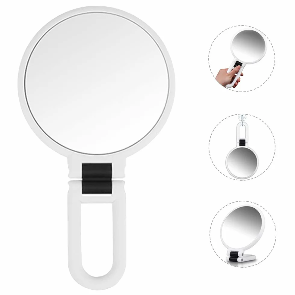 Specchio Trucco Bifacciale Ingranditore 5X/1X Specchio Cosmetico a Mano con Manico Pieghevole Specchietto da Viaggio Portatile per Sospeso Tavolo, Hand Held Mirror Tondo Piccolo (Bianco)