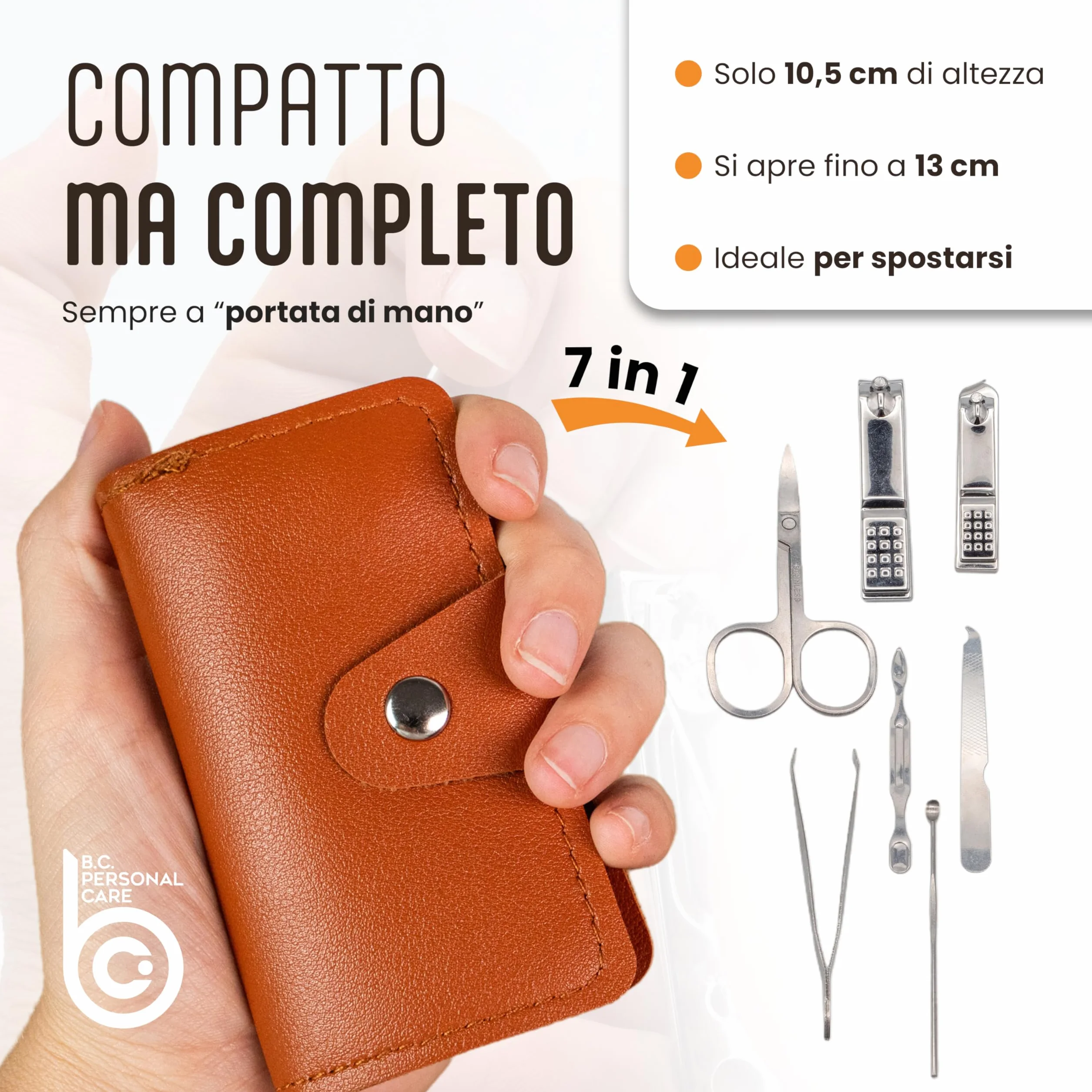 Set Manicure 7 in 1 con Pochette - Kit Unghie Mani e Piedi da Viaggio con Pinzette Tronchesi Forbicine Lime