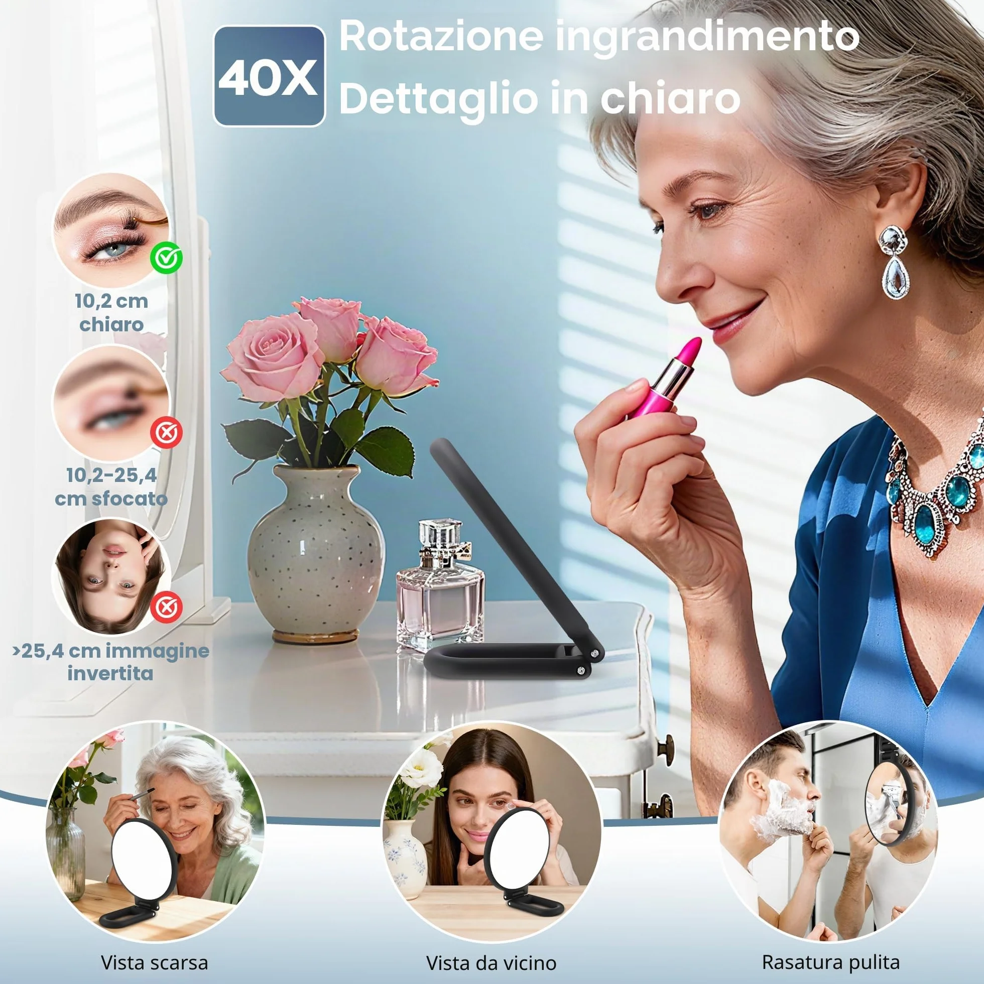 MIYADIVA Specchio con Ingrandimento 40X, Specchietto per Trucco Doppia Faccia, Portatile Pieghevole Nero