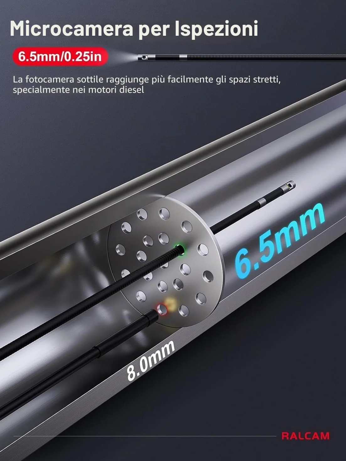 Ralcam Telecamera Endoscopica 360° a Doppio Obiettivo, Schermo HD 5", Sonda 6,5 mm, Impermeabile IP67, 6+1 LED, Cavo 1,5 m