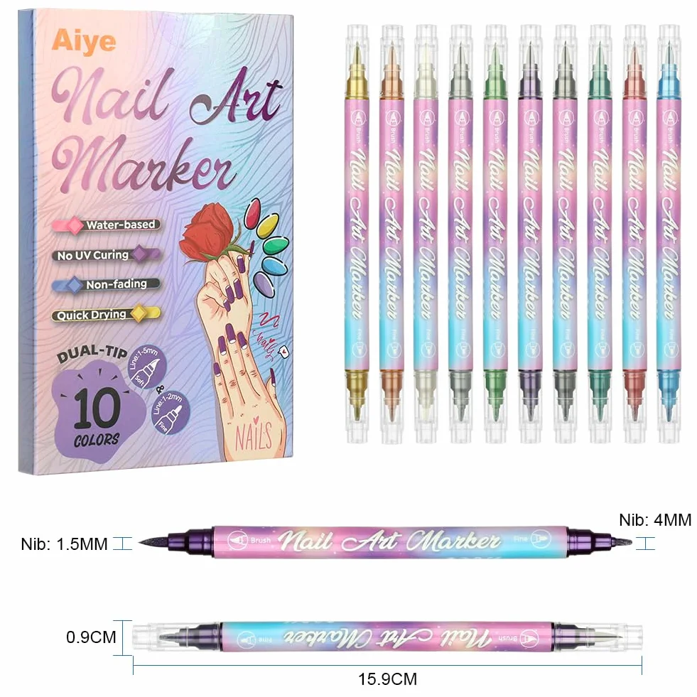 AOOWU Penne per Nail Art, 10 Penne Smalto per Unghie Nail Art, Smalto in Penna per Pittura Decorazioni Unghie per Disegno, Penna per Fai Da te Graffiti Pen Manicure Strumenti Bellezza（Bicefalo）
