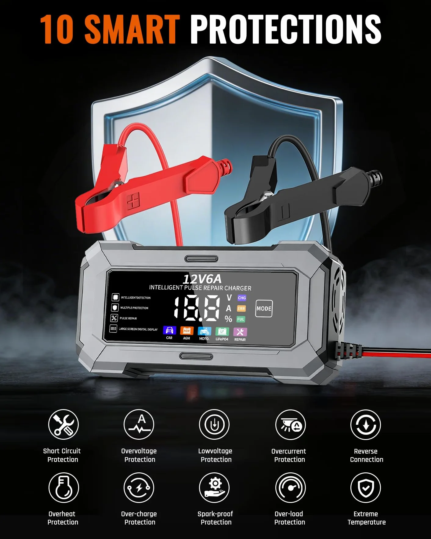 TANYO Caricabatterie Intelligente 12V 6A con Display LCD per Auto Moto AGM LiFePO4