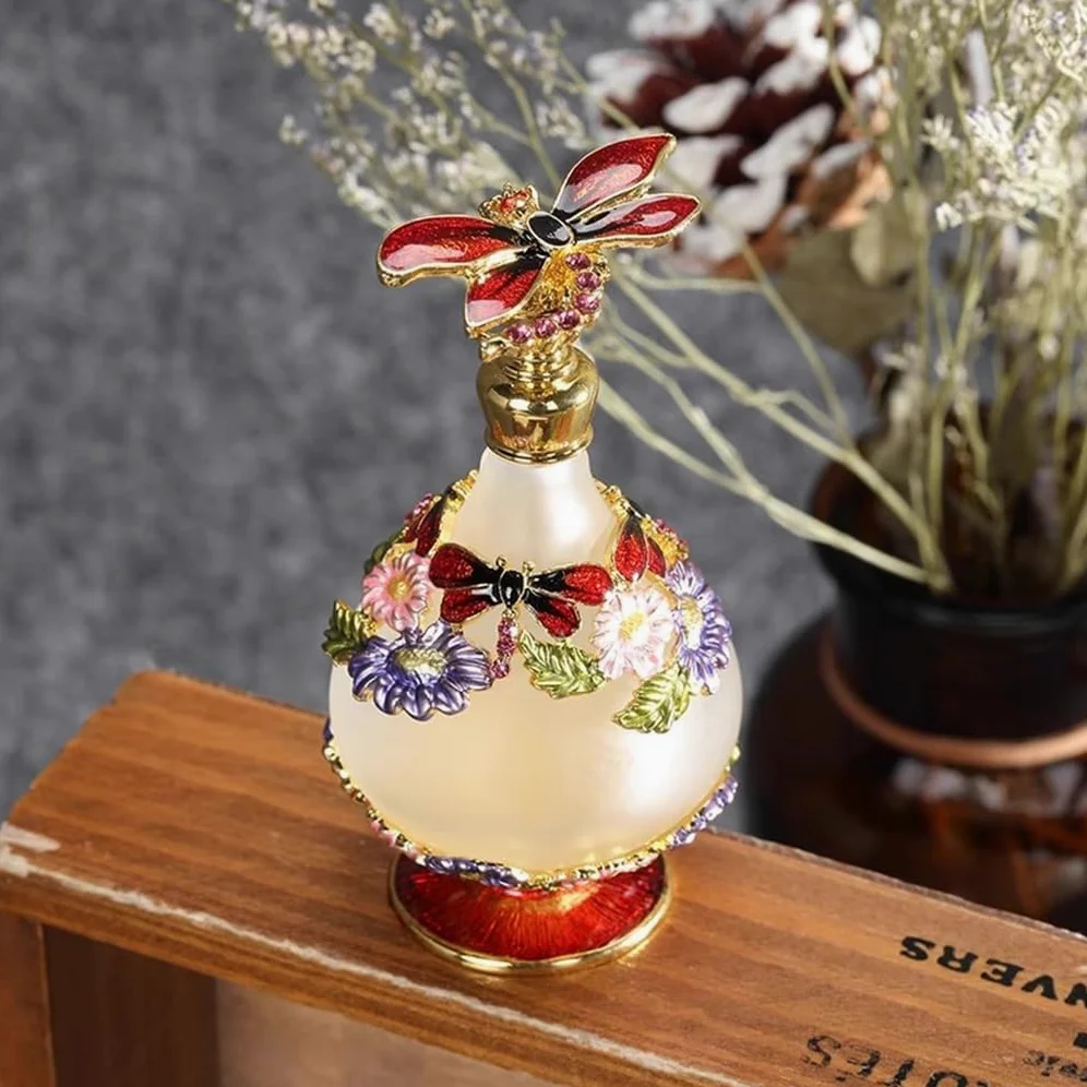 Bottiglia di profumo vintage, vuota, 25 ml, con coperchio a libellula, in vetro decorativo