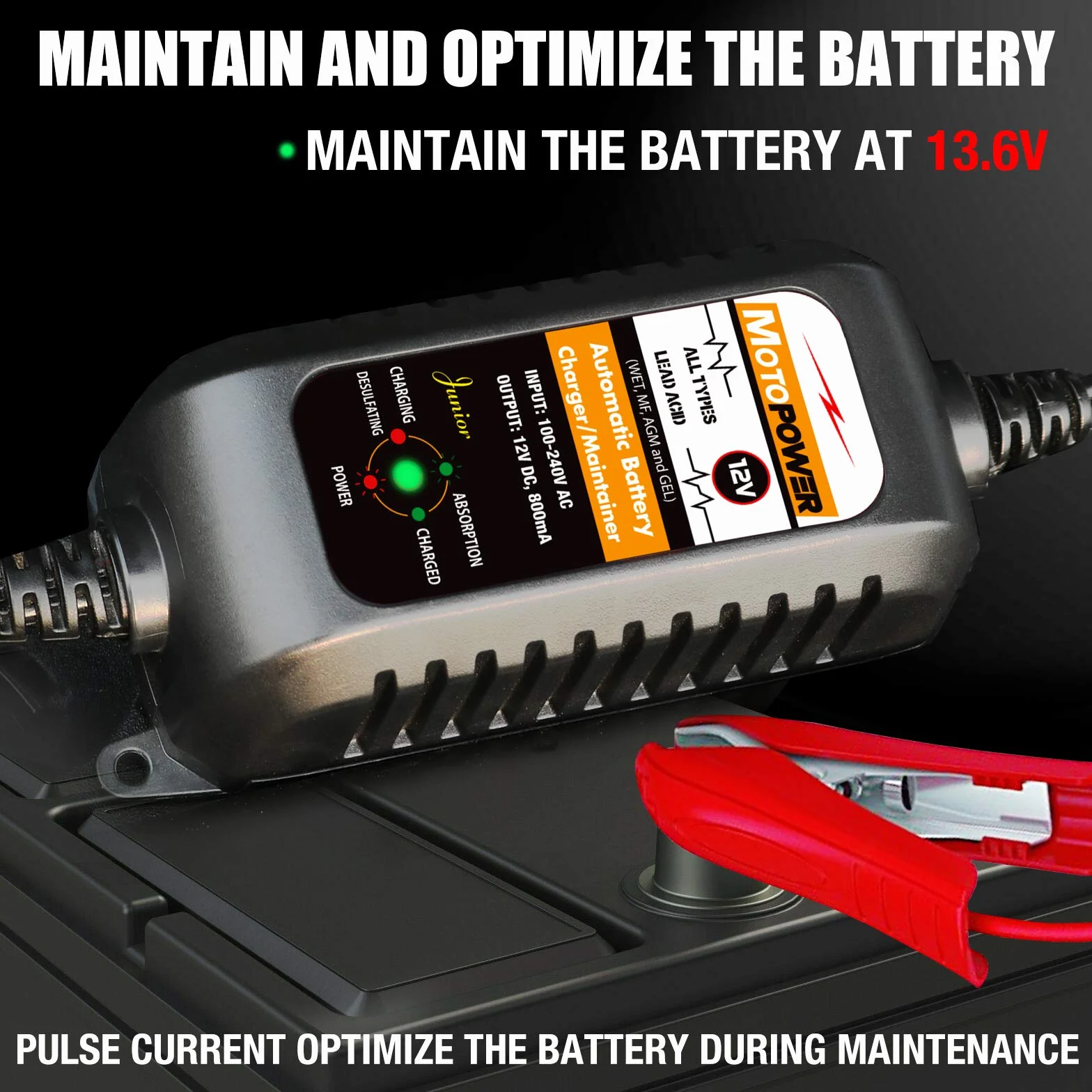 MOTOPOWER MP00205A 12V 800mA Caricabatterie Automatico per Auto Moto ATV