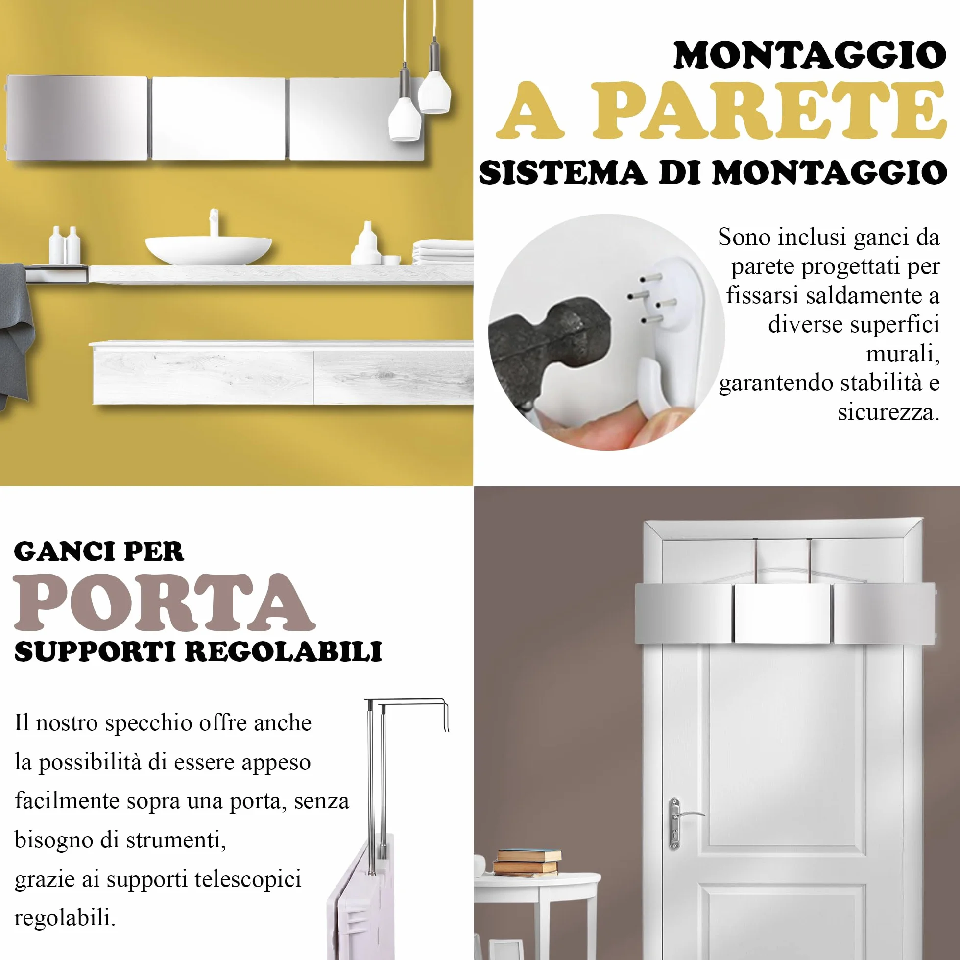 Specchio a 360 Gradi per Parrucchiere e Taglio per Donne - Altezza Regolabile con Gancio - Specchio Pieghevole a 3 Lati - Specchio da Donna per Parrucchiere - Specchio di Bellezza a