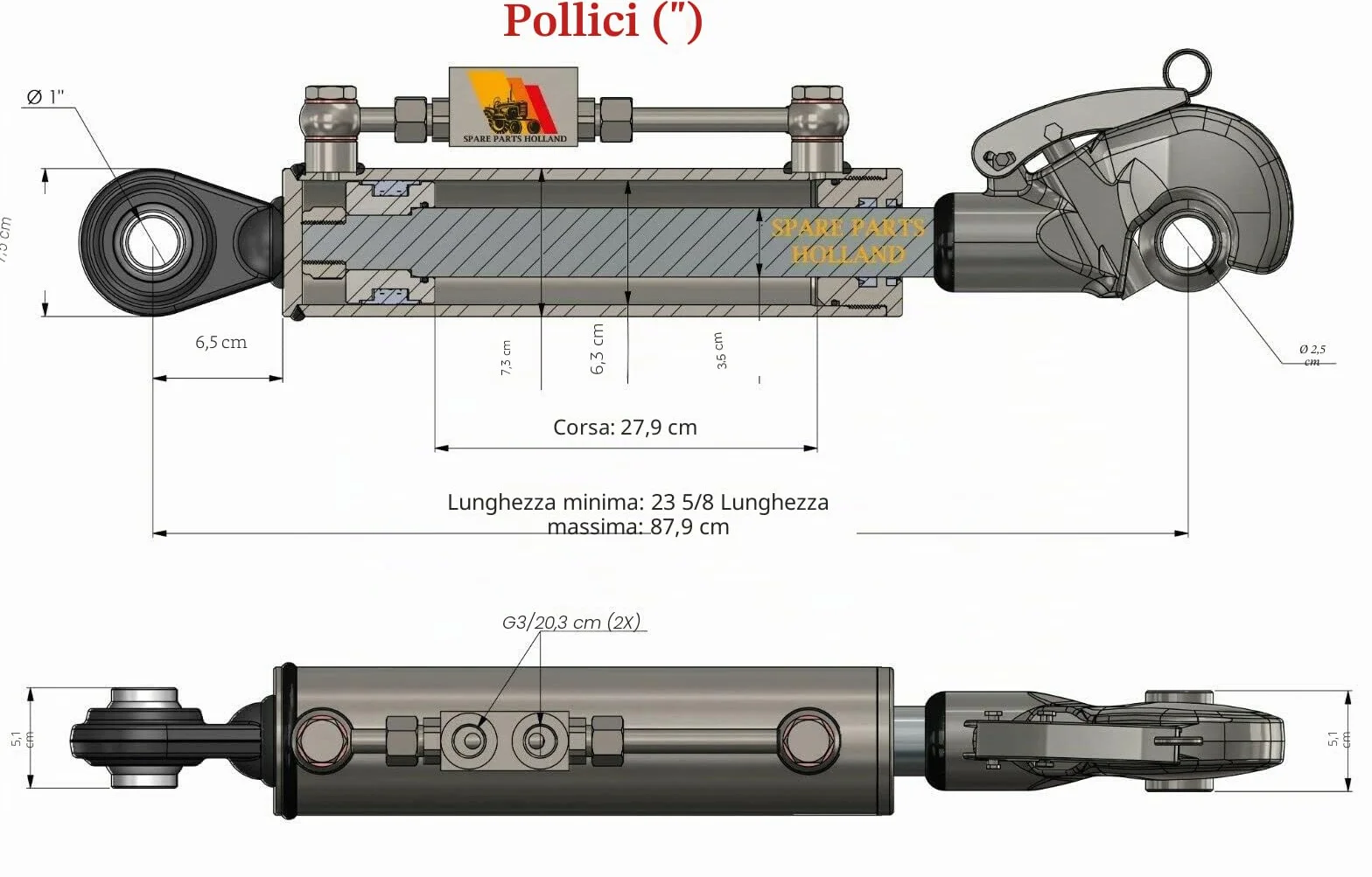 Terzo punto idraulico per trattore CAT2 280 mm Corsa Bloccaggio completo tubi nippli