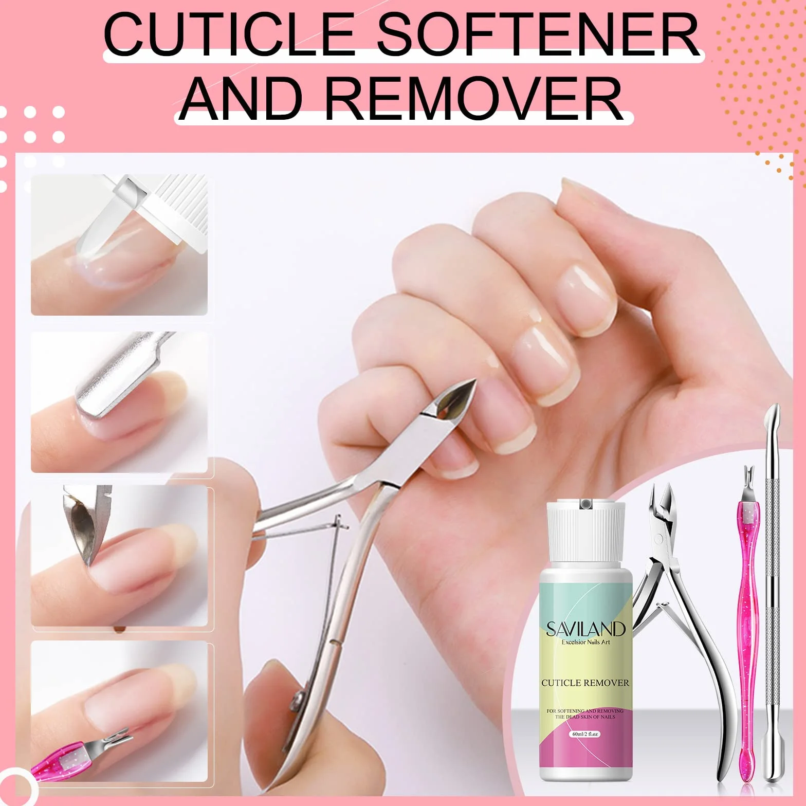 Saviland Set di Strumenti per la Rimozione Delle Cuticole, 60 ml di Liquido per la Rimozione delle Cuticole con Taglierina, Tronchesino, Tronchesino e Spingi Cuticole per le Mani, Piedi