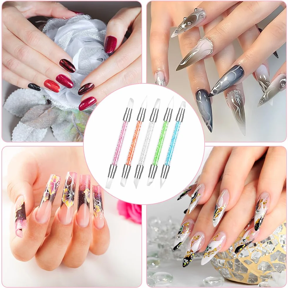 Pennelli in Silicone per Unghie, 5 Pezzi Pennelli in Nail Art con due punte Pennello, Nail Art Sculpture Pen, per intaglio per unghie in gel Strumenti per nail art, per nail art DIY