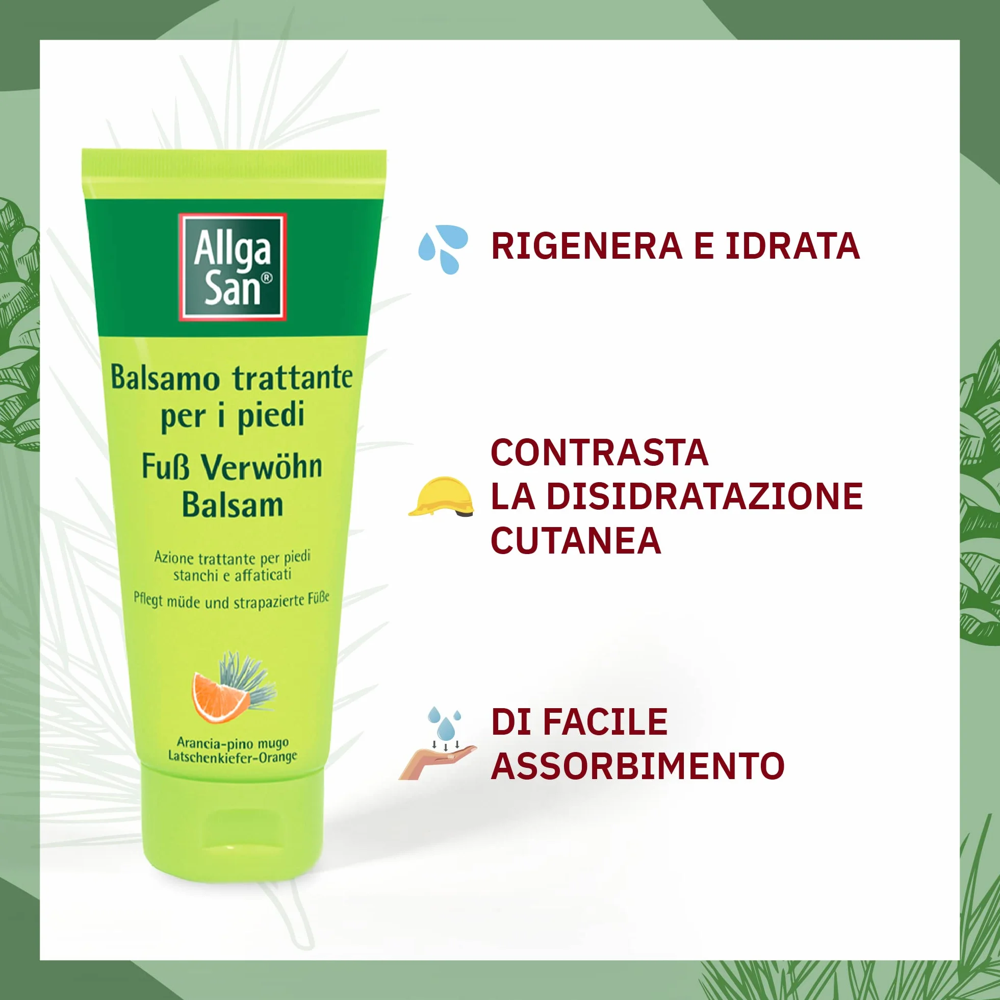Allga San Balsamo Trattante per Piedi - Crema Piedi Secchi Screpolati 100 ml, Trattamento Cosmetico, Idratante e Nutriente per Sollievo a Piedi Stanchi e Appesantiti, con Pino Mugo e Arancia