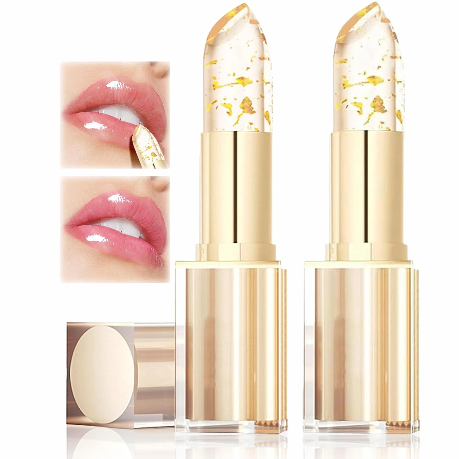 2 Pcs Reveline Rossetto Adattivo, Rossetto PH Reagente, Foglia Gold Lipstick Color-Changing, Cura delle labbra, Burrocacao Idratante, Tenuta 24 ore, PH Temperature Lip Balm