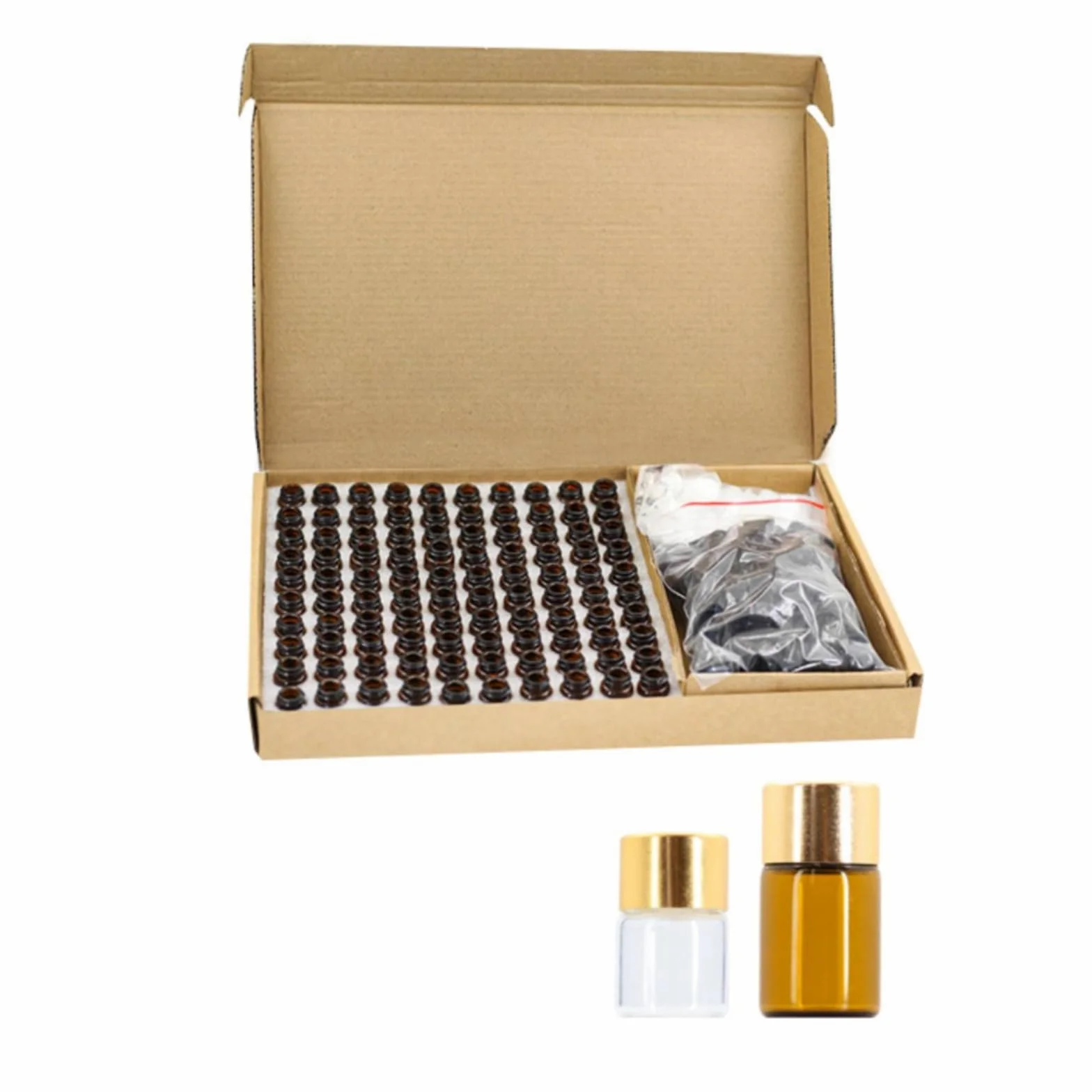 TISHITA 100 Pezzi Flaconcino in Vetro Vuoto Flaconcino Ricaricabile Flacone con Etichetta per Campionamento, 2ml, Bottiglia Color Ambra Con Tappo Dorato Liscio E Tappo Forato