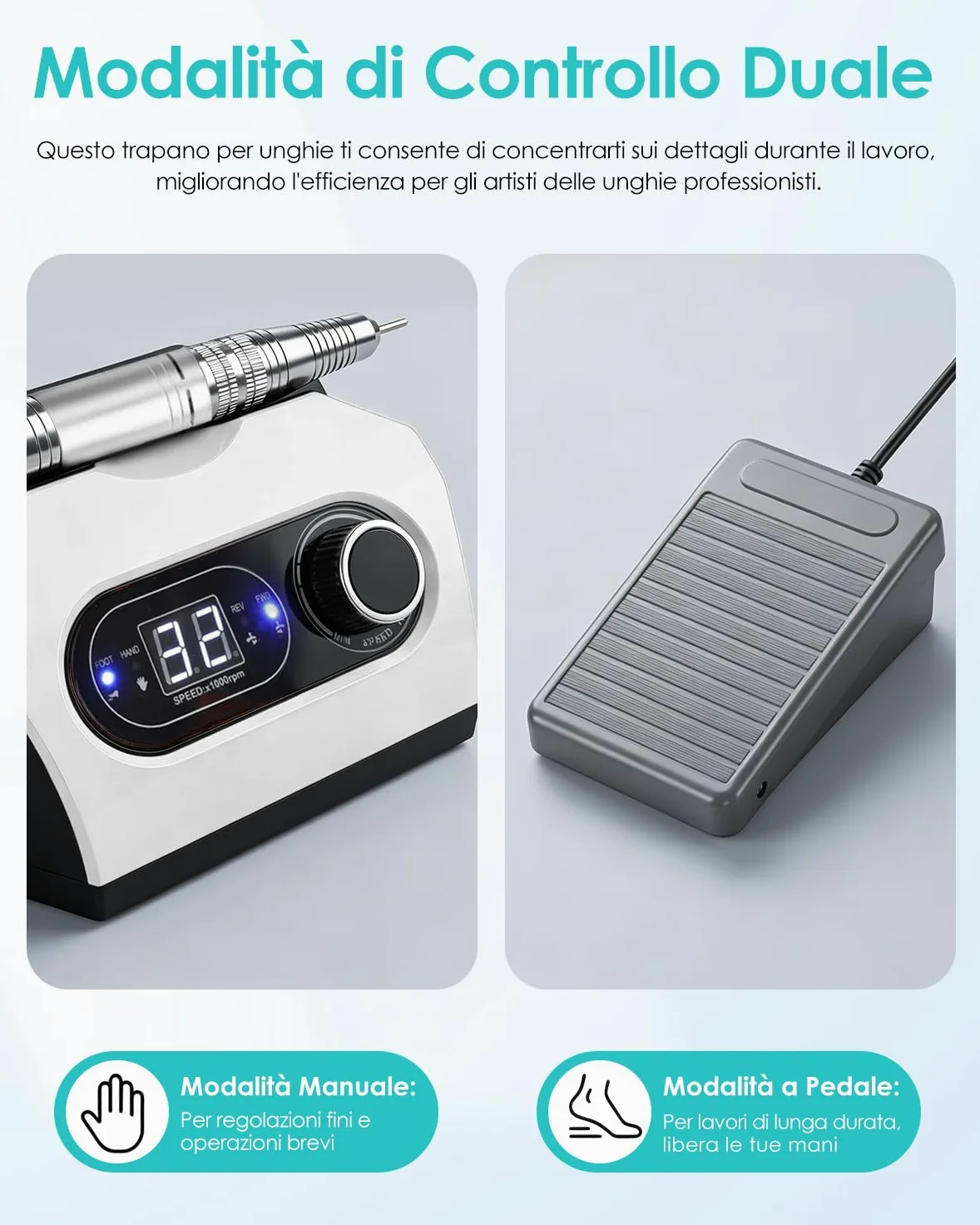 CozyZen Lima per Unghie Elettrica, Trapano Professionale a Filo con 35.000 RPM, Pedale, 6 Frese, Display LED e Controllo Velocità per Casa e Salon（Bianco）