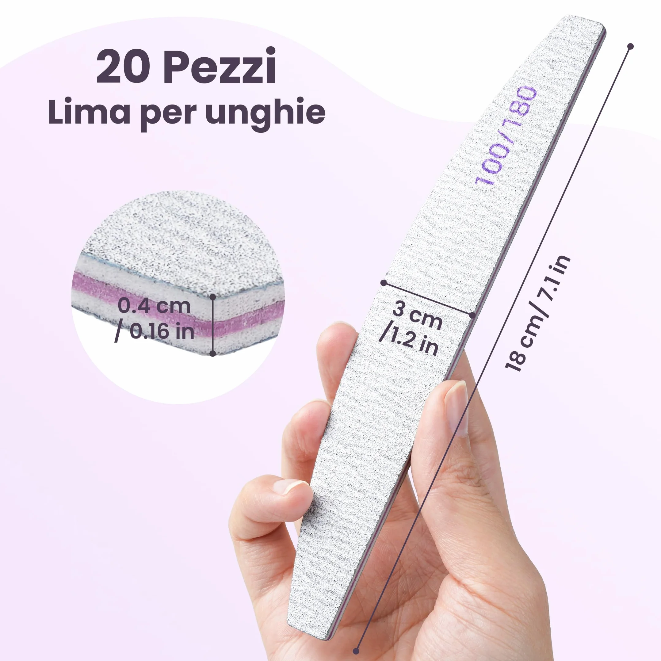 Lima per Unghie 100 180 Grana Doppia Faccia, Kit Riutilizzabile per Manicure in Gel, Set Professionale 20 Pezzi