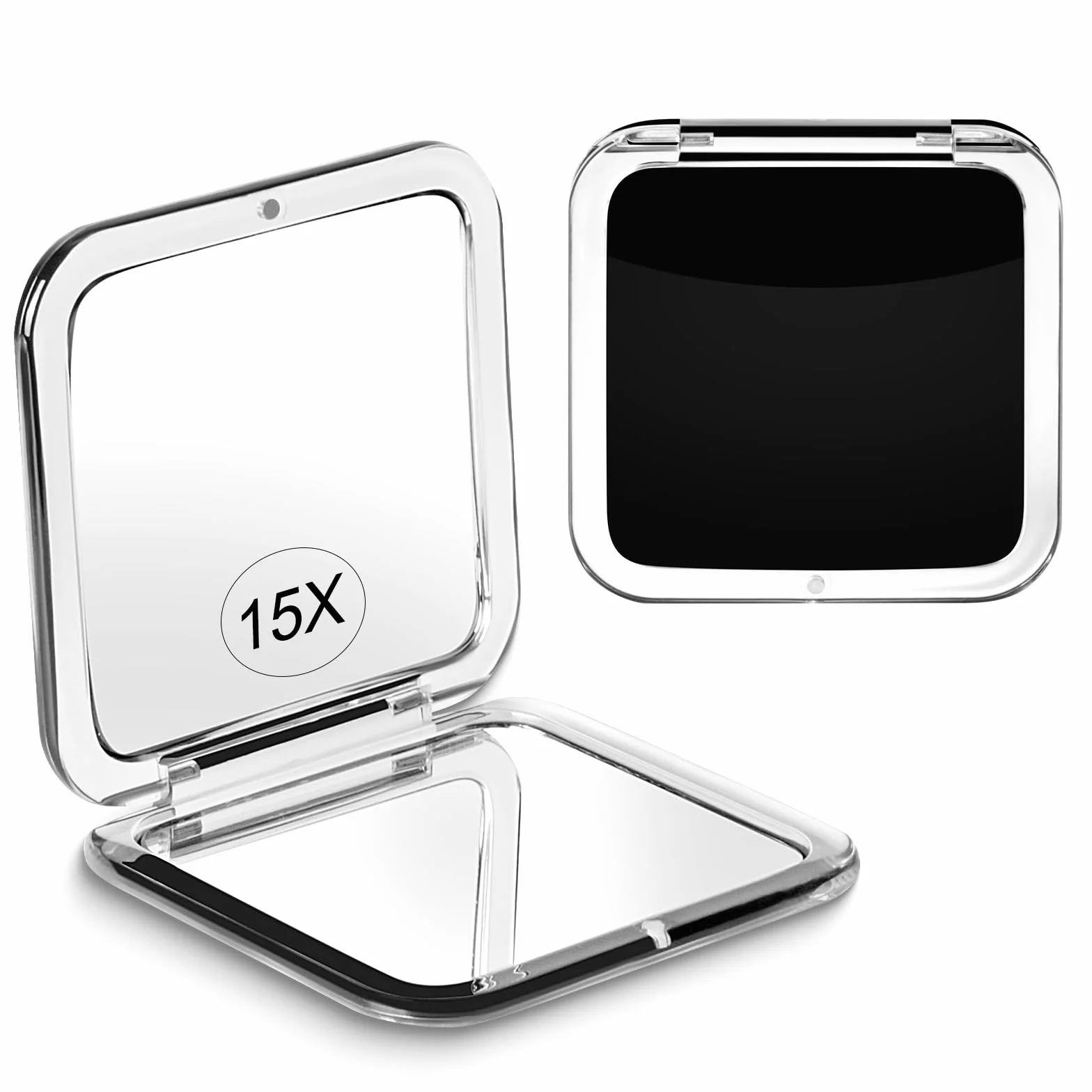 Specchio per trucco compatto ingranditore 15X da viaggio, piccolo specchio tascabile portatile pieghevole 2 lati Quadrato 8,4cm Nero