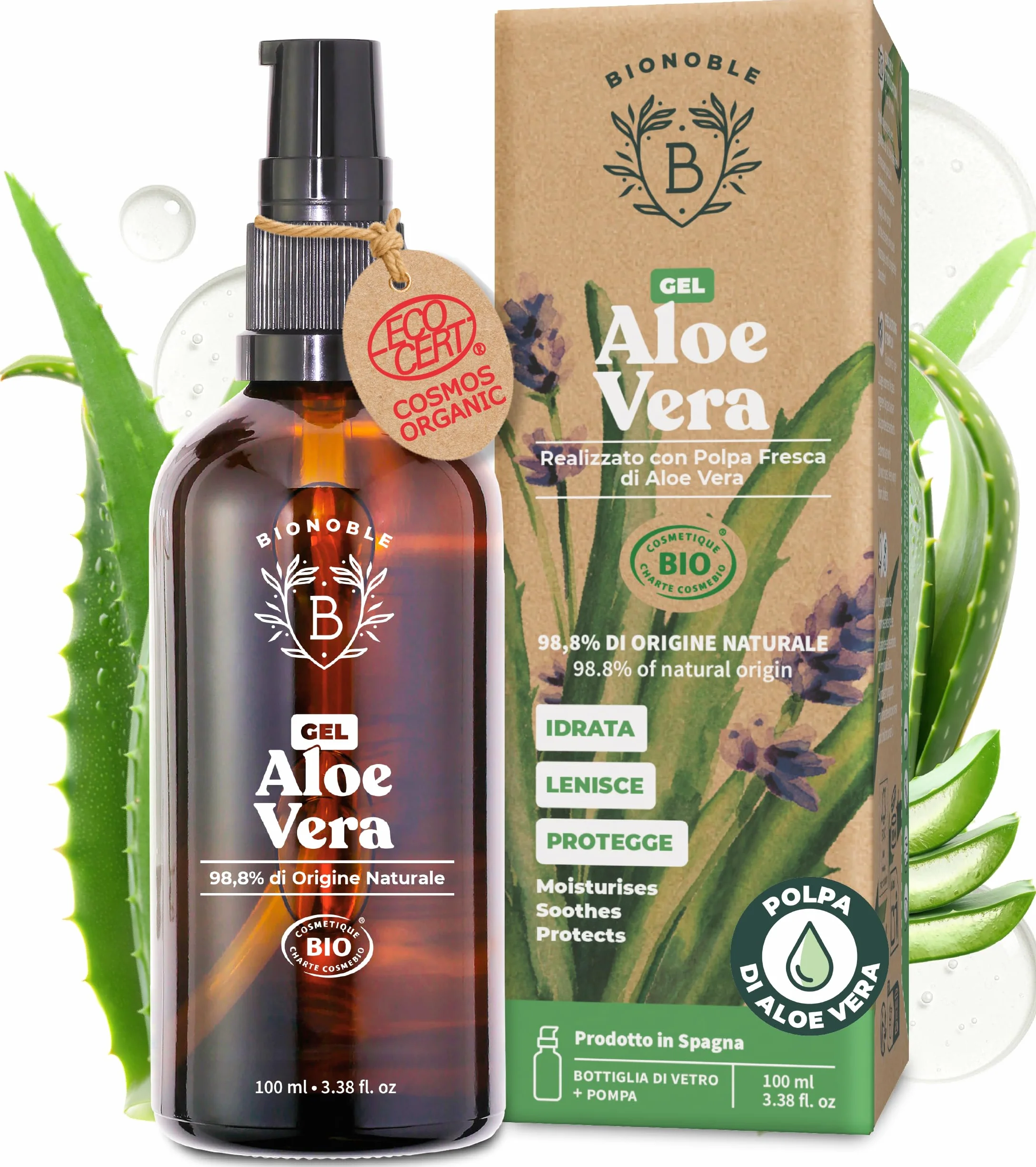 BIONOBLE Aloe Vera Gel Puro Biologico 97% con Olio Essenziale di Lavanda Idrata Lenisce 100ml Bottiglia Vetro Pompa