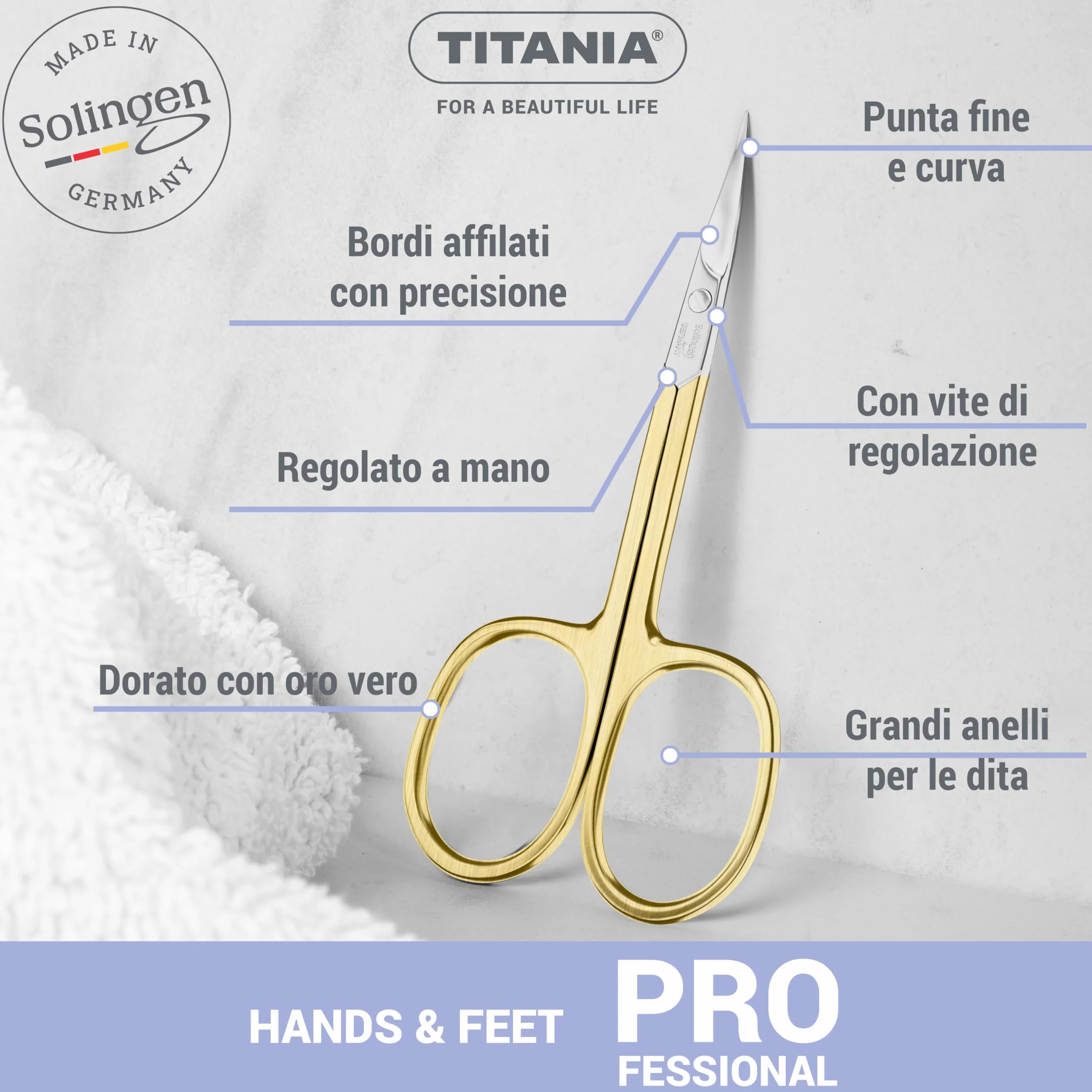 TITANIA Forbici per Cuticole Solingen Punta Sottile Curve Dorate 9,5 cm Acciaio Carbonio Made in Germany