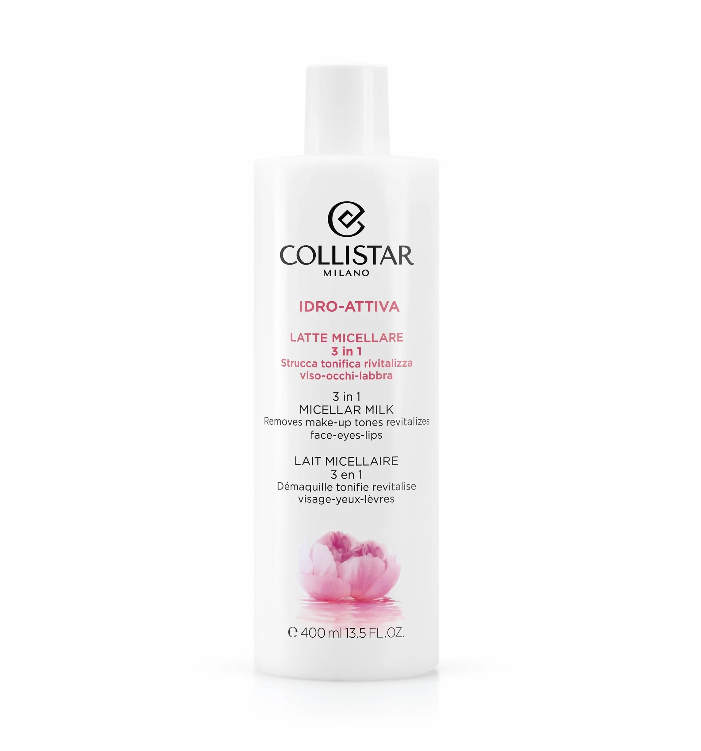 Collistar Latte Micellare 3 in 1 strucca tonifica rivitalizza, Latte detergente e struccante per viso, occhi e labbra, Adatto per tutti i tipi di pelle, 400ml
