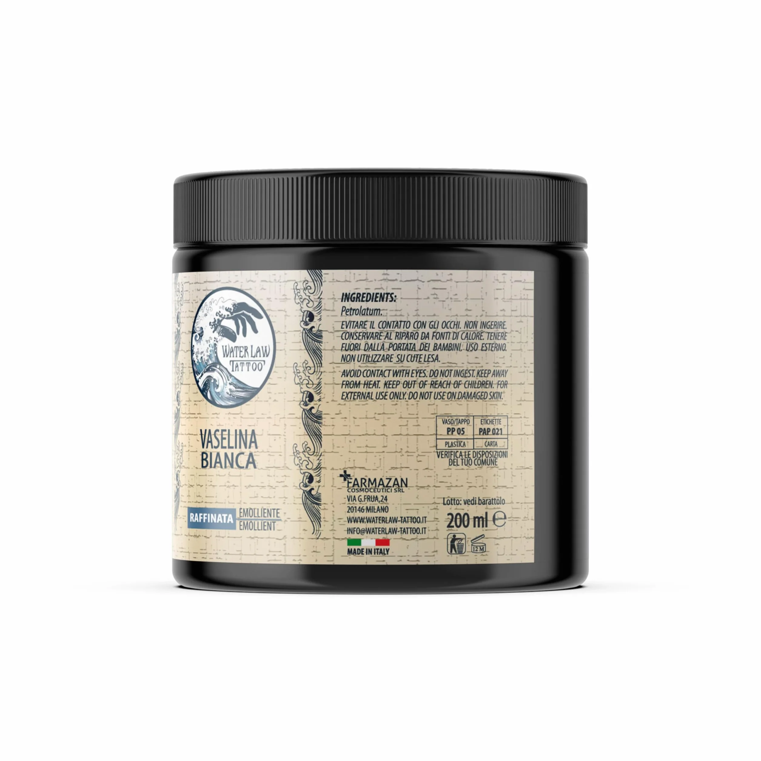 Water Law Tattoo Vaselina Bianca 200ml, Vaselina Pura Altamente Raffinata, Vaselina Tattoo Professionale, Emolliente, Lubrificante, Protettiva, Senza Profumi o Coloranti, Made in Italy
