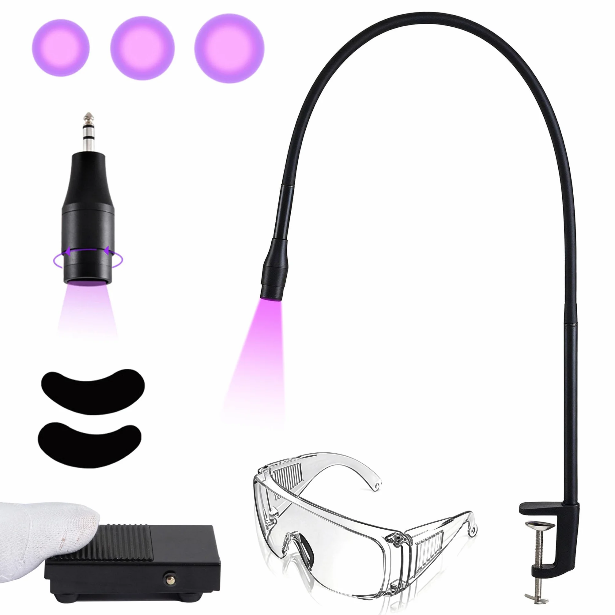 Lampada Ciglia, LampadaCiglia UV 10W Luce UV Per Fotopolimerizzazione Per Interruttore A Pedale Dimensione Spot Regolabile Collo Cigno con Adesivi Ciglia Occhiali Protezione