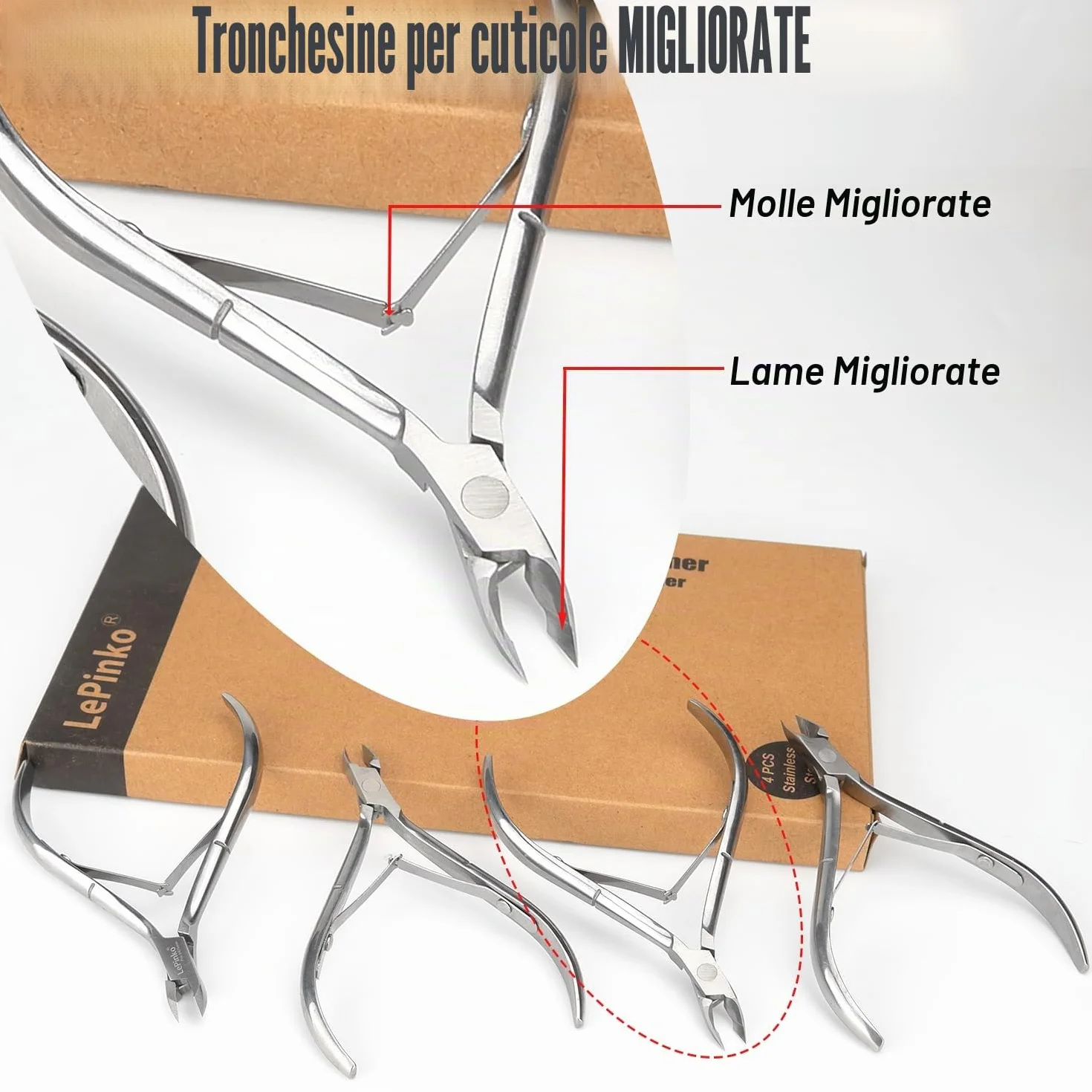 Tronchesino per cuticole in acciaio inox, confezione da 4, per manicure e pedicure