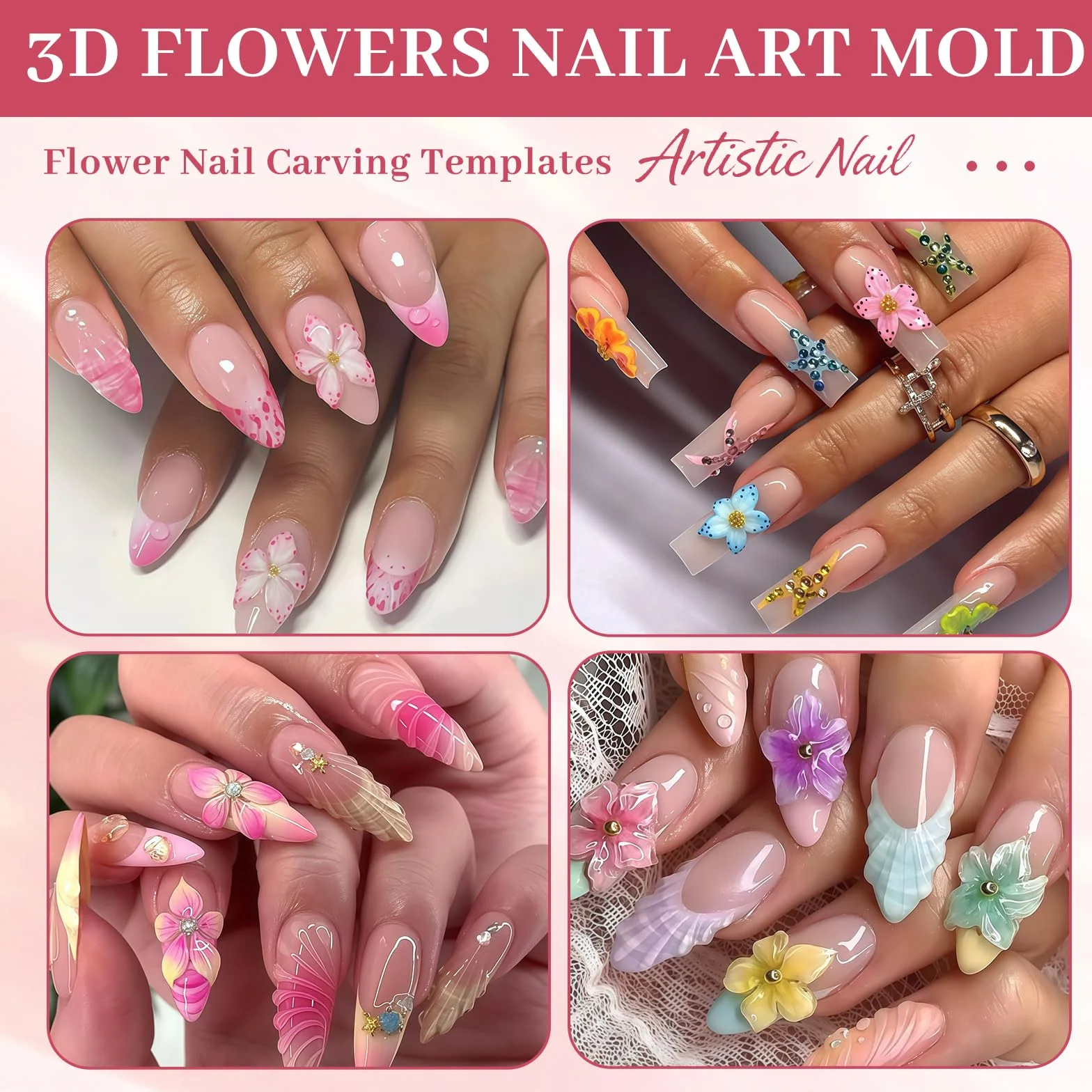 Nails Mold, Stampo per Unghie per Nail Art con Forma in Silicone a Fiori, 3D Gel Nail Art Stampo per Accessori DIY Manicure