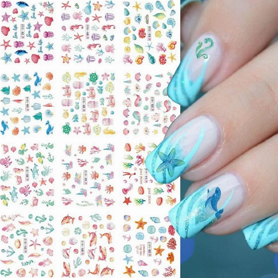 12pcs Ocean Animal Summer Nail Water Decalcomanie Starfish Coral Reef Seaweed Sticker Sea Life Nails Art Transfer Slider