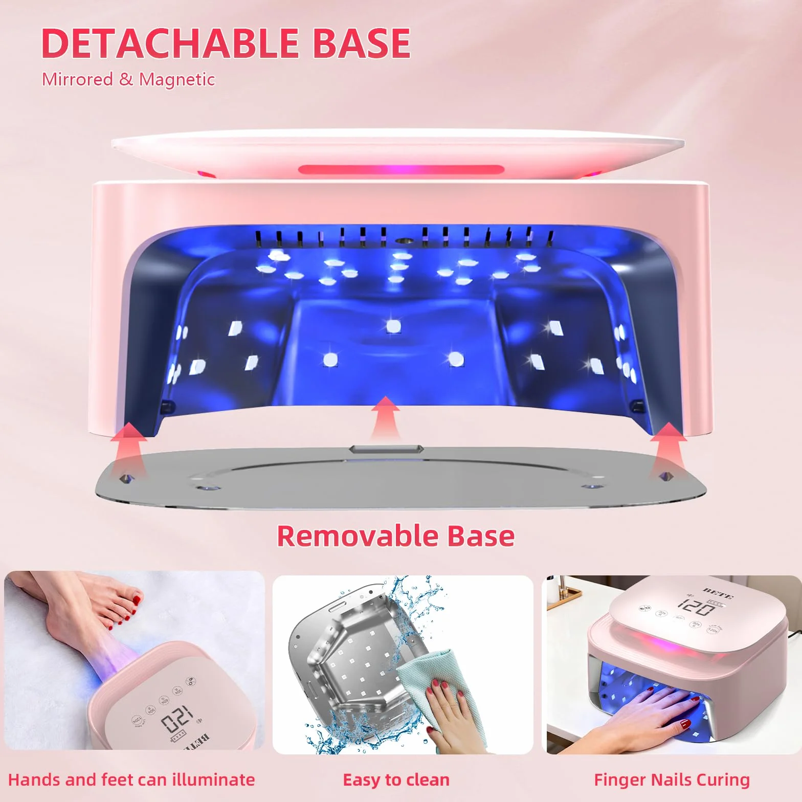 Lampade UV LED wireless BETE 60W - Asciugatore per smalto gel ricaricabile con sensore automatico, 30 perle e 4 regolazioni del timer portatile per uso domestico/salon Rosa