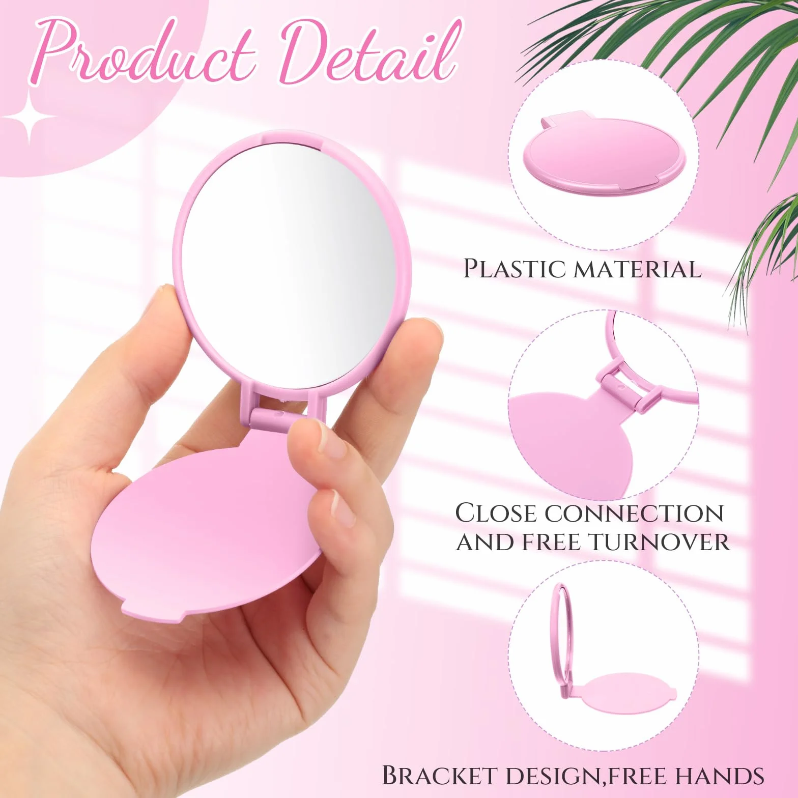Mini specchi compatti rotondi portatili pieghevoli 7,1 x 6,1 cm rosa