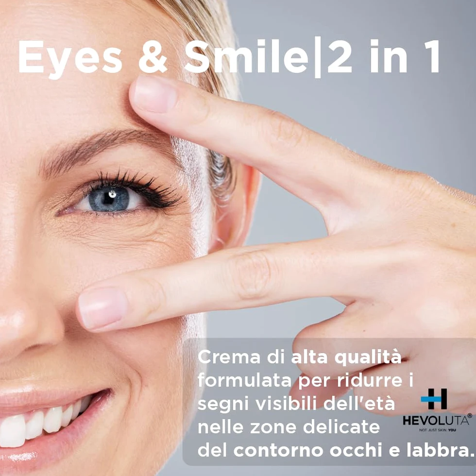 Hevoluta Eyes&Smile Crema Contorno Occhi e Labbra Antirughe, 15 ml | Trattamento Idratante, Burro di Cacao, Acido Ialuronico, Peptidi, Specifico per Codice a Barre, Made in Italy