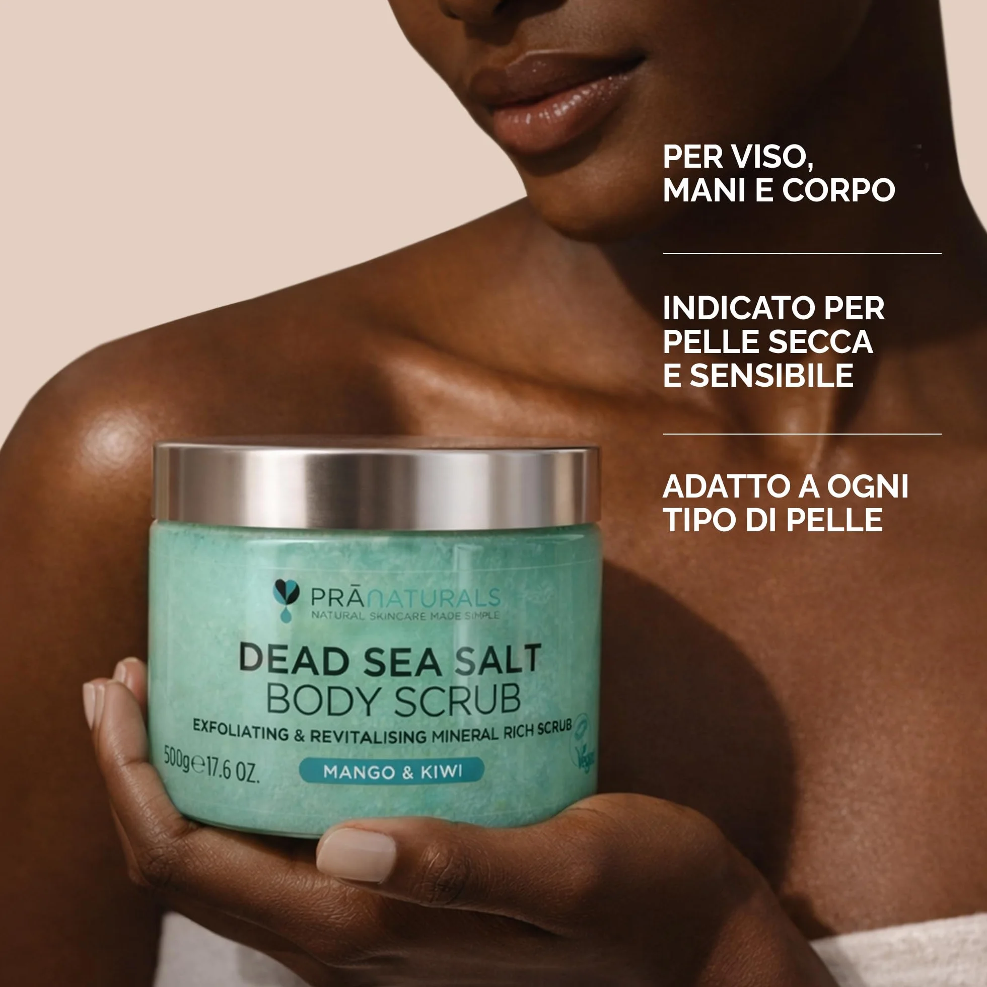 Pranaturals Scrub Corpo Rivitalizzante ai Sali del Mar Morto 500g Esfoliante Nutriente Mango Kiwi