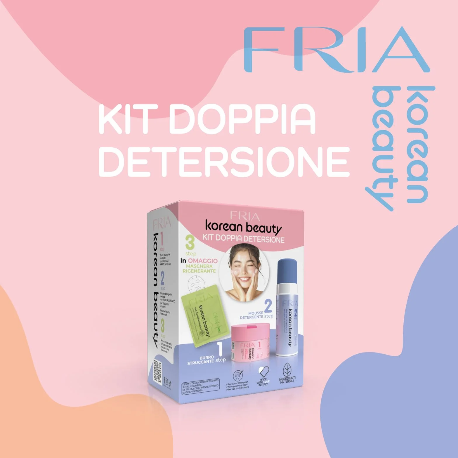 Fria Korean Beauty Kit Doppia Detersione, Burro Struccante + Mousse Detergente + Maschera Viso Rigenerante