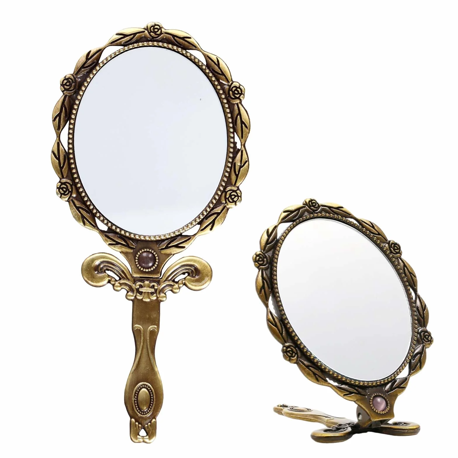Specchio a Mano Vintage,Specchio Ovale Piccolo,Specchios Tascabile con Manico,specchios portatile,Pieghevole,per Viaggi, Casa, Ufficio,Donne Ragazze