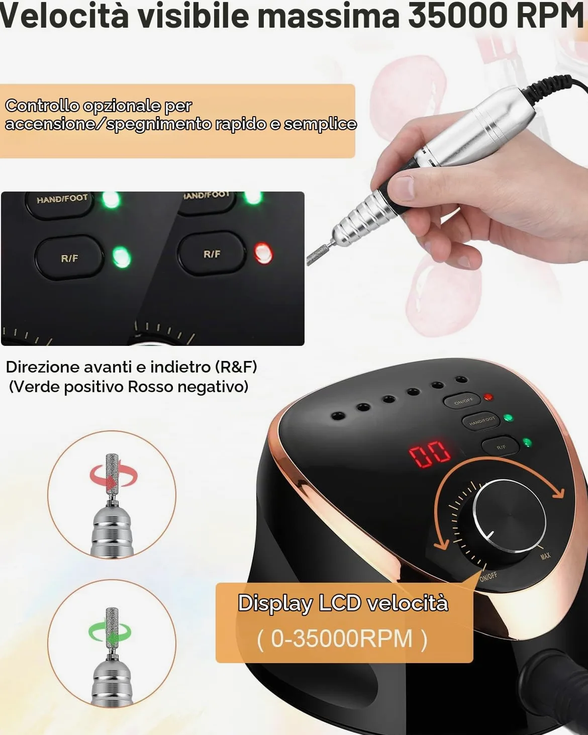 Fresa per Unghie Professionale 35000 Giri Trapano per Unghie Regolabile La Rettificatrice con Modalità Pedale,Display LED Elettrico di Chiodo Strumenti Fresa per unghie acriliche gel Pedicure Nero | Fresa per unghie con indicatore LED, pedale, velocità re