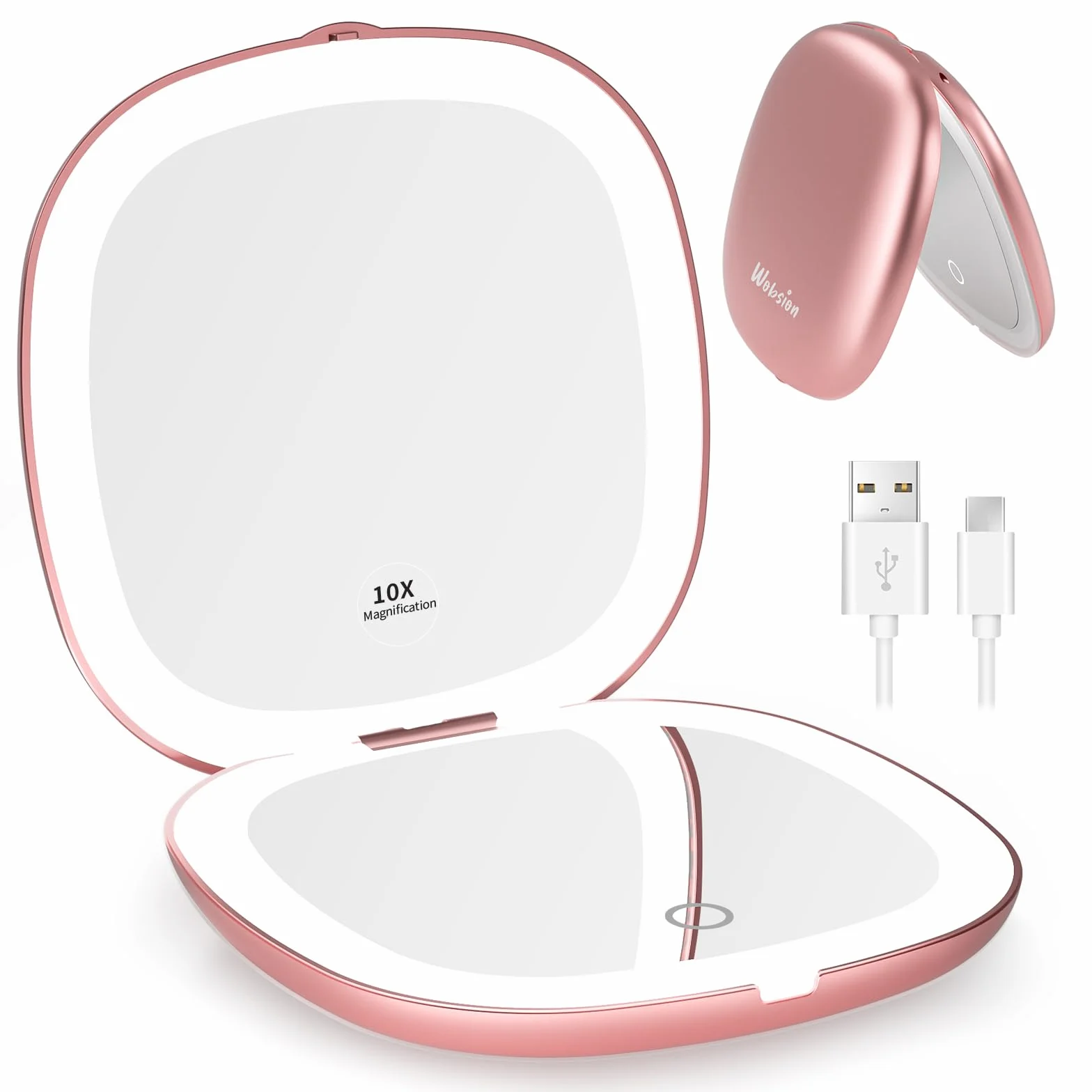 WOBSION Specchio Portatile con Luce LED per Trucco, USB Ricaricabile 10X/1X Ingranditore, Regolabile Luminosità, Oro Rosa