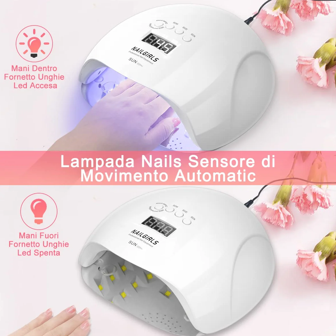 NAILGIRLS Lampada UV per Unghie 150W Portatile Asciuga Smalto LED 4 Modalità Timer Display LCD