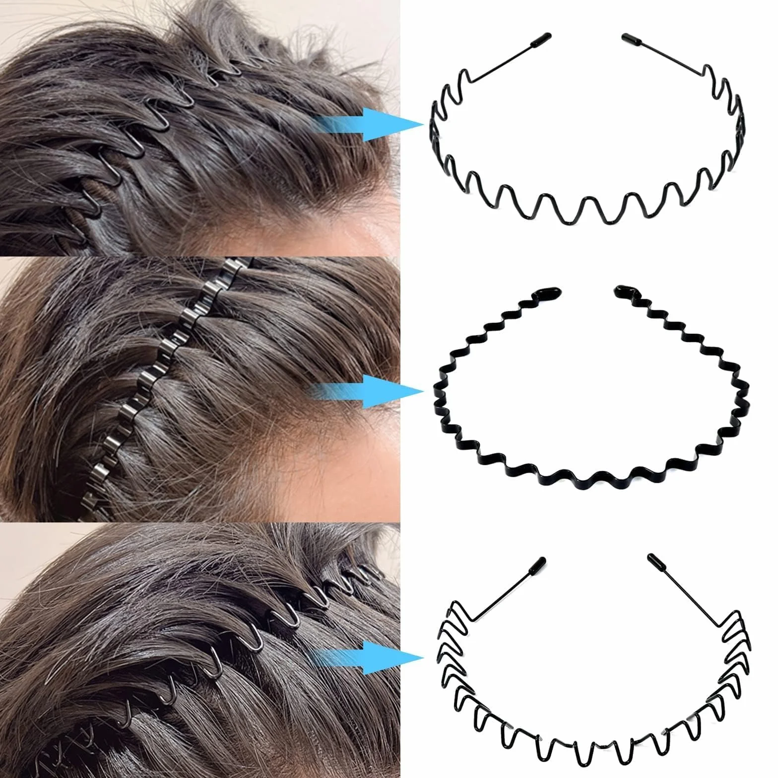 Hanyousheng 6 Pezzi Cerchietti per Capelli, Unisex Cerchietto in Metallo, Cerchietto Fasce per Capelli Fascia Ondulata Nero, Multiplo Stile Antiscivolo Cerchietto, Adatto per Sport, Yoga, Trucco