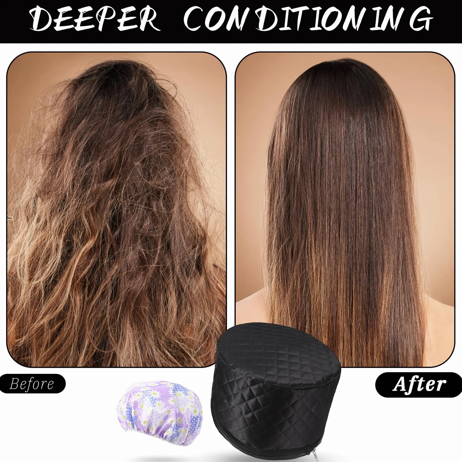 Cappello termico per trattamenti di profondità, cuffia a vapore per maschere per capelli, cuffia riscaldante con 2 modalità di temperatura per spa, salone, casa - Nero